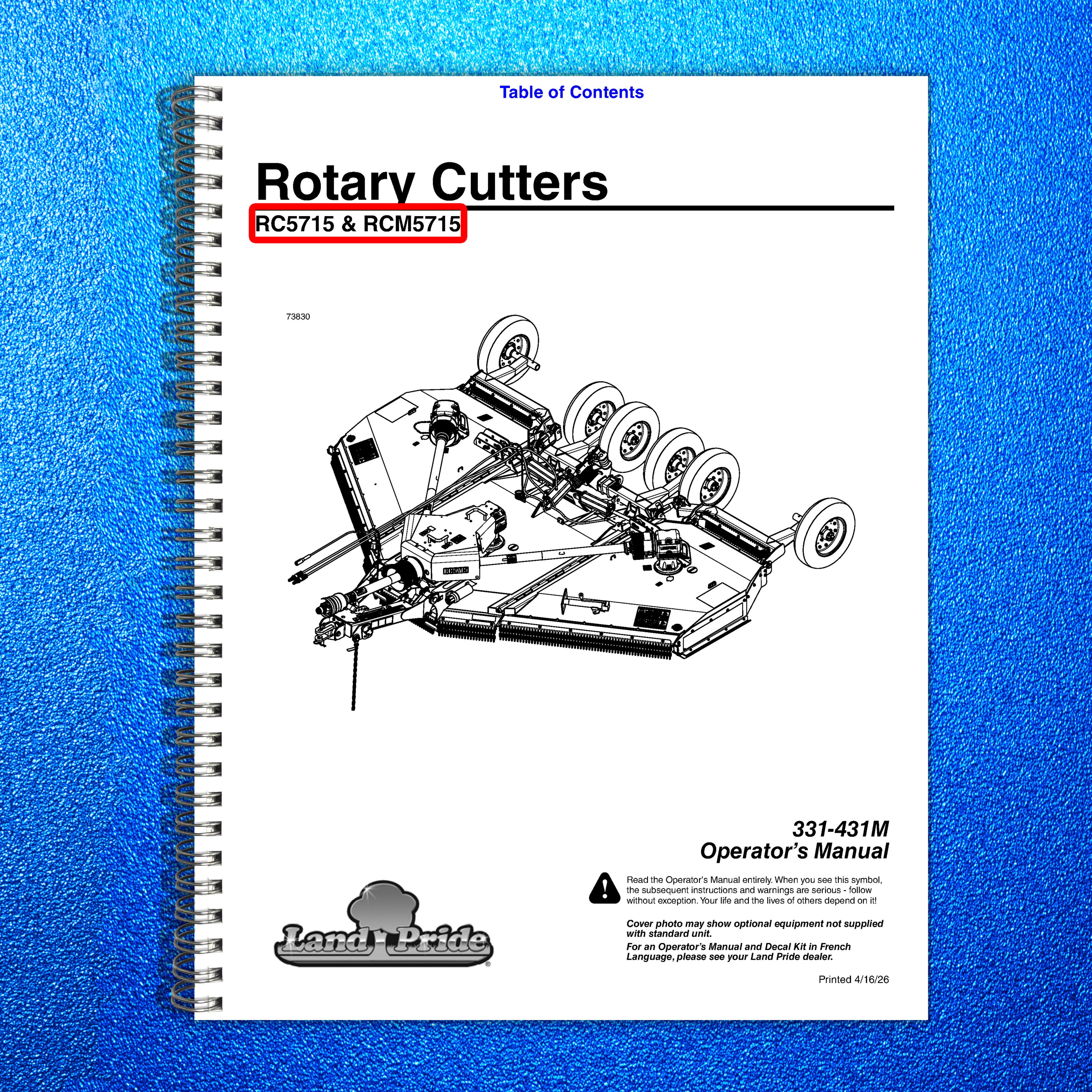 LAND PRIDE RC5715 Rotary Cutters Operators Manual - WIRE BOUND - TOUGH COVERS