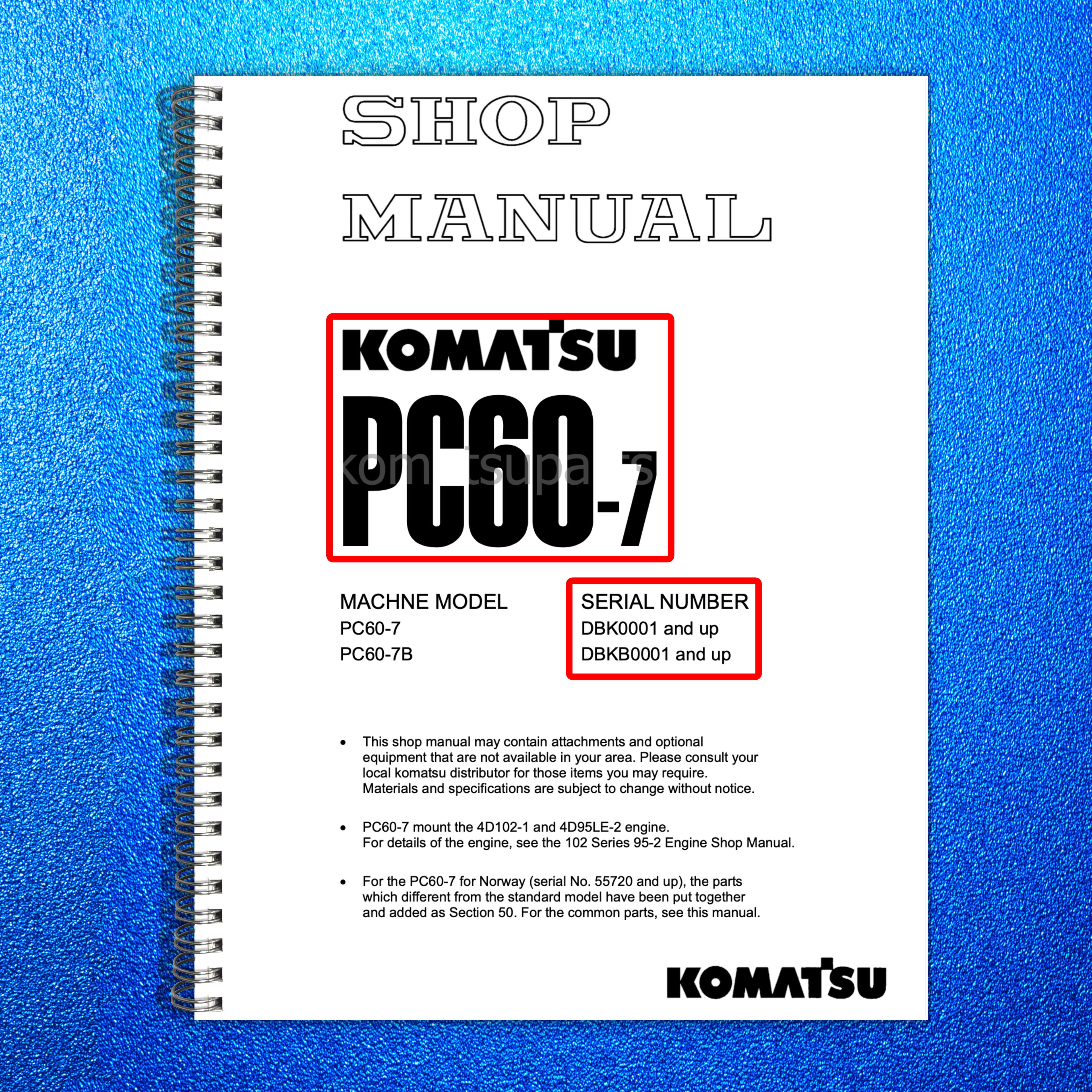 KOMATSU PC60-7 PC607-B SN DBK0001 UP SHOP MANUAL - BOUND - COVERS - XL FOLDOUTS
