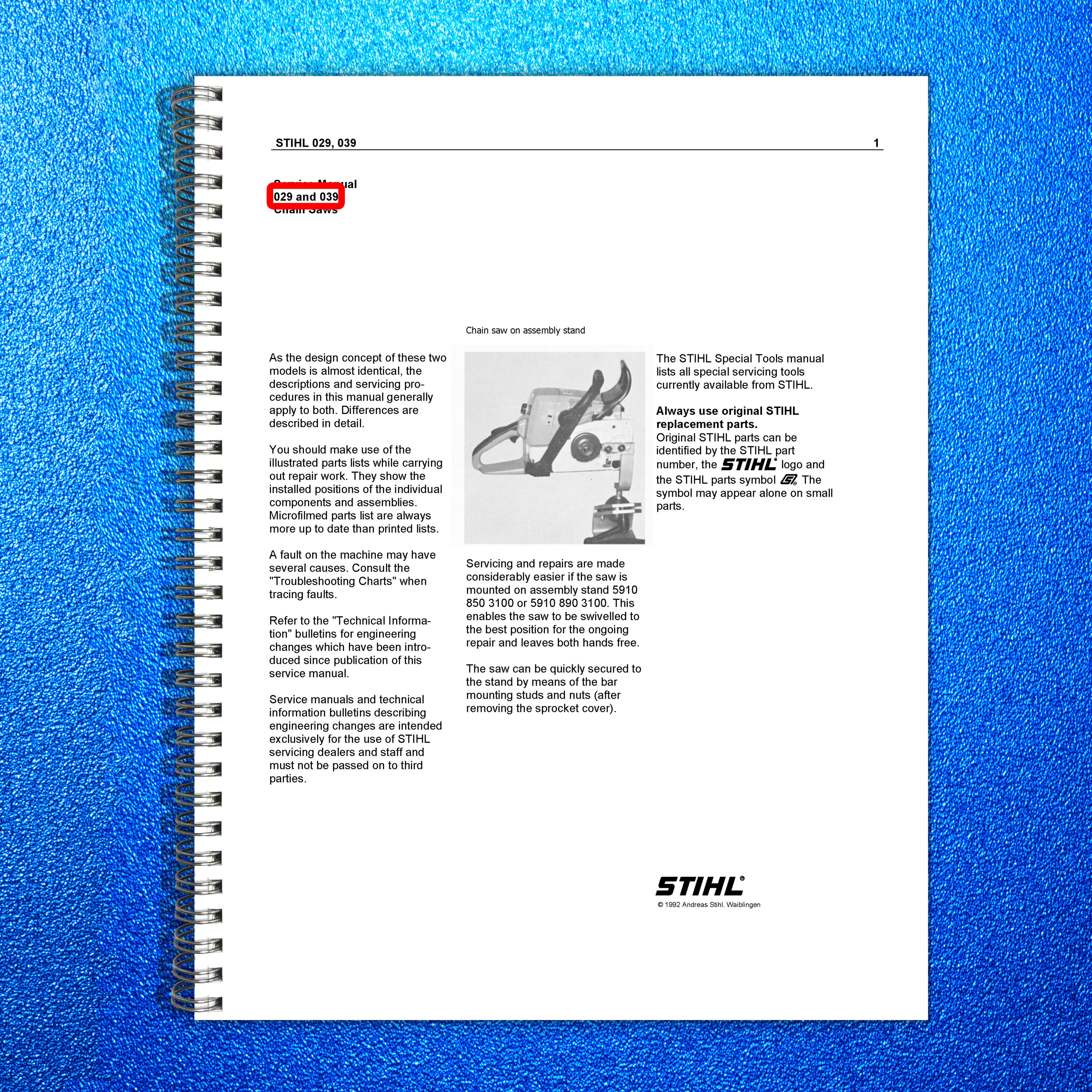 STIHL 029 039 Chainsaw Service Manual 1992 - STEEL WIRE BOUND - TOUGH COVERS