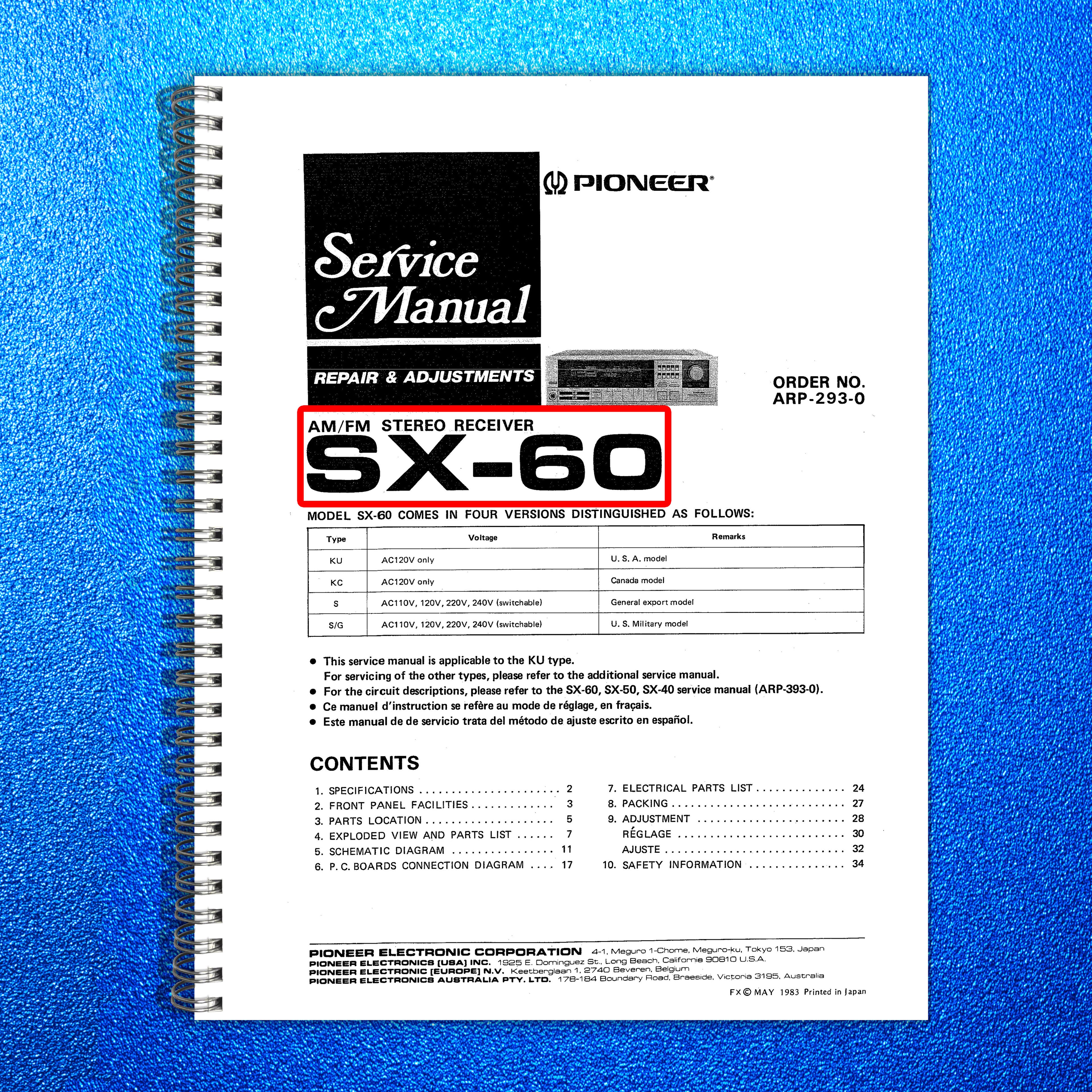 PIONEER SX-60 AM FM Stereo Receiver Service Manual 1983 - WIRE BOUND - COVERS