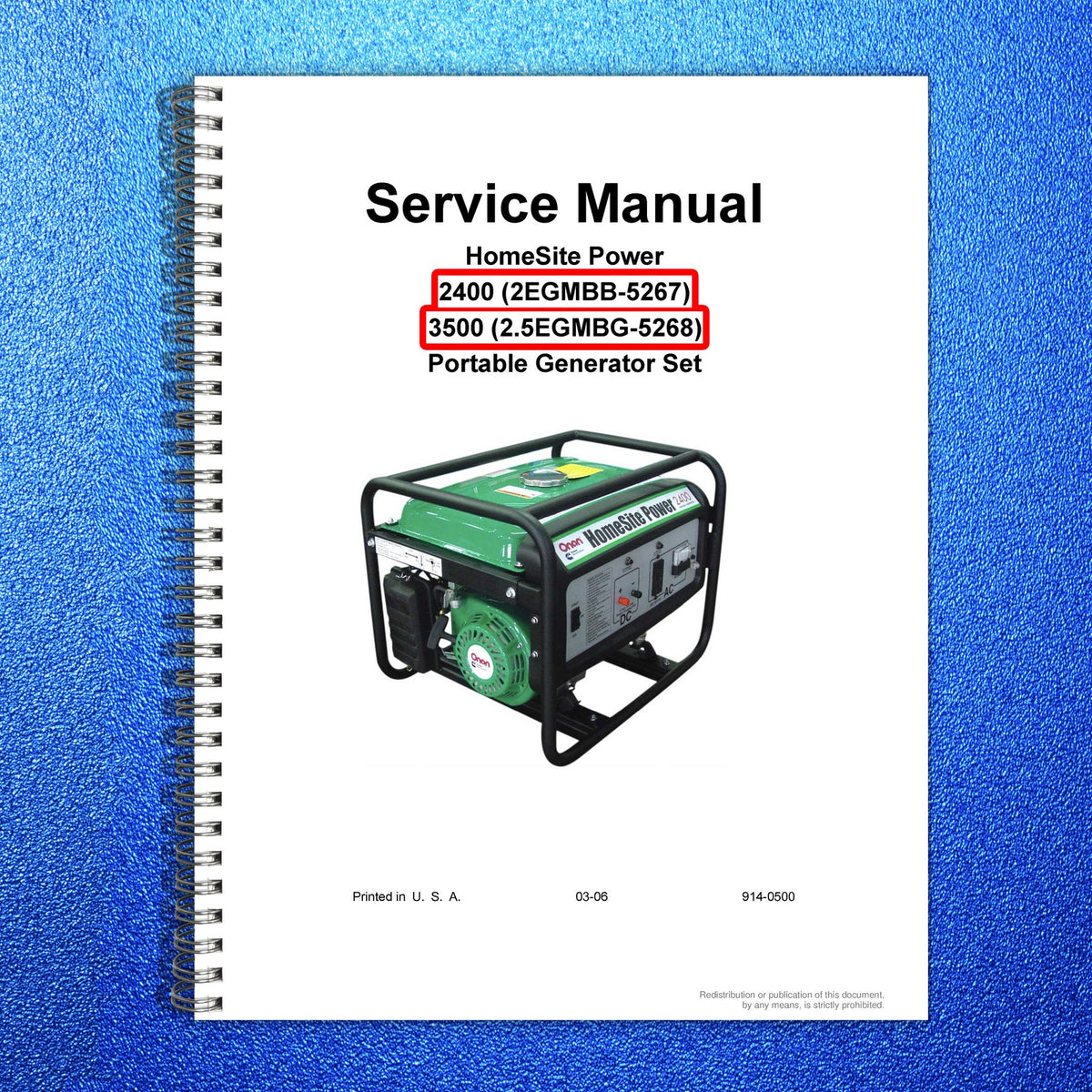 ONAN HomeSite Power 2400 3500 Generator Service Manual 2006 - WIRE BOUND