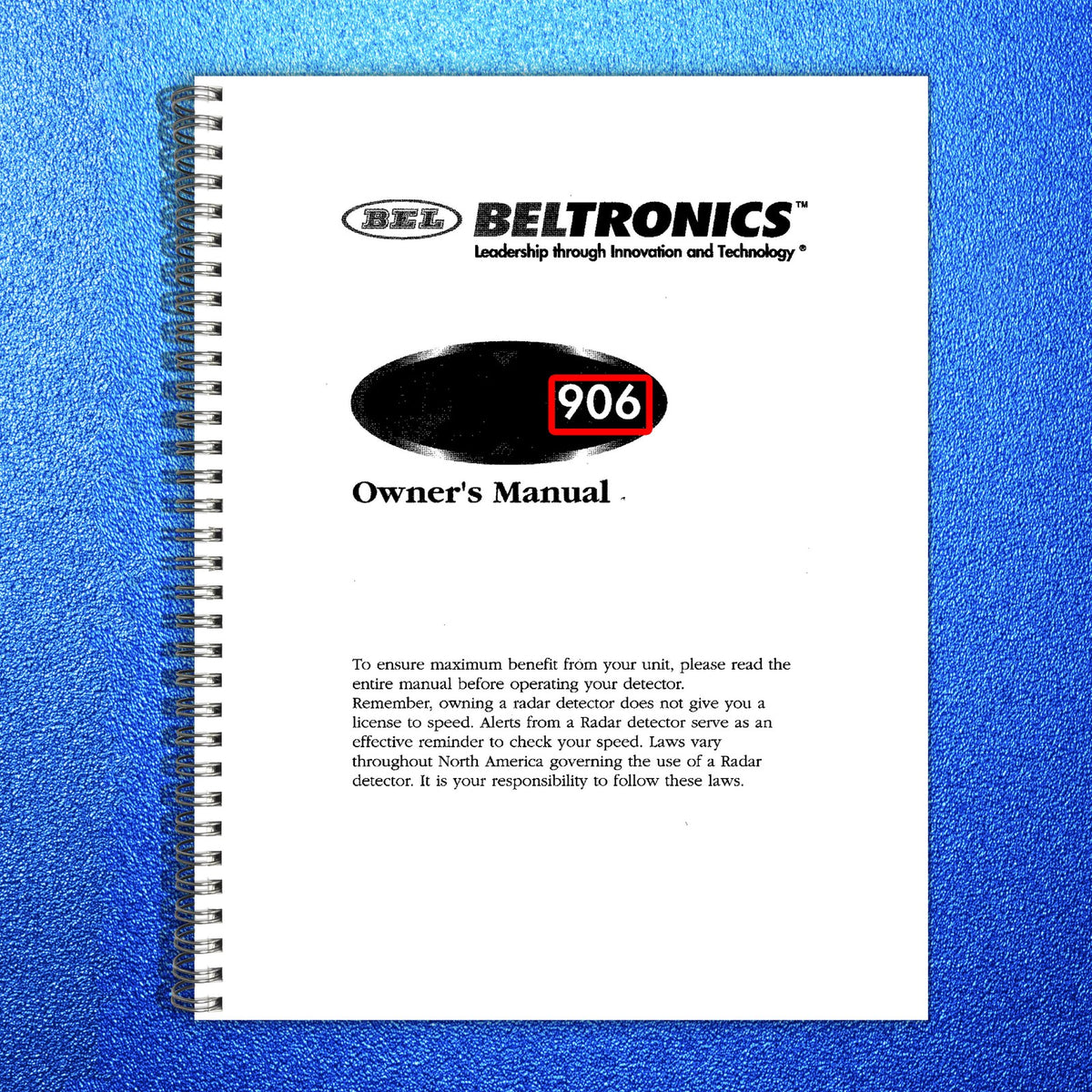 BELTRONICS Express 906 Radar Detector Owners Manual - WIRE BOUND - TOUGH COVERS