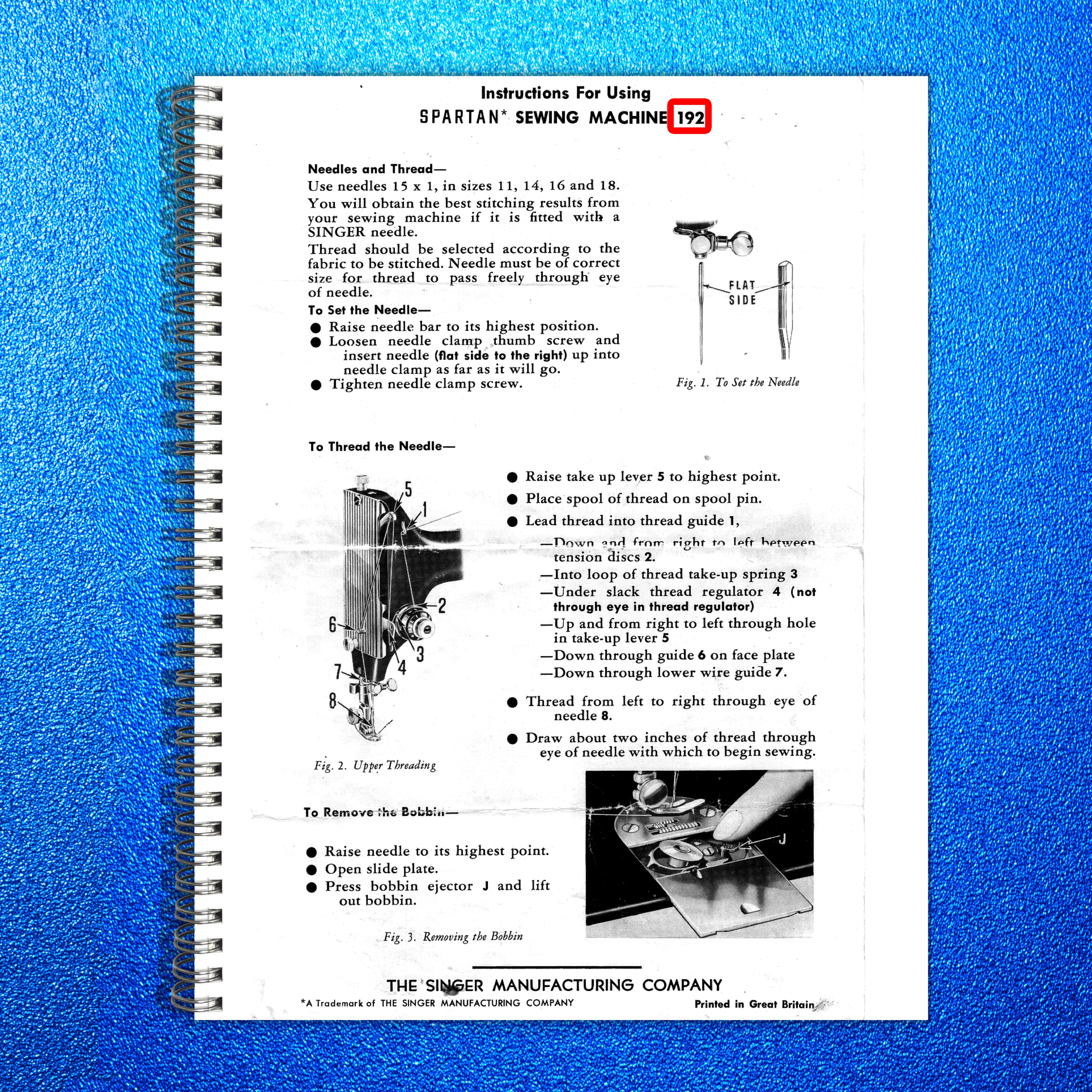SINGER 192 Spartan Sewing Machine User Manual - STEEL WIRE BOUND - TOUGH COVERS