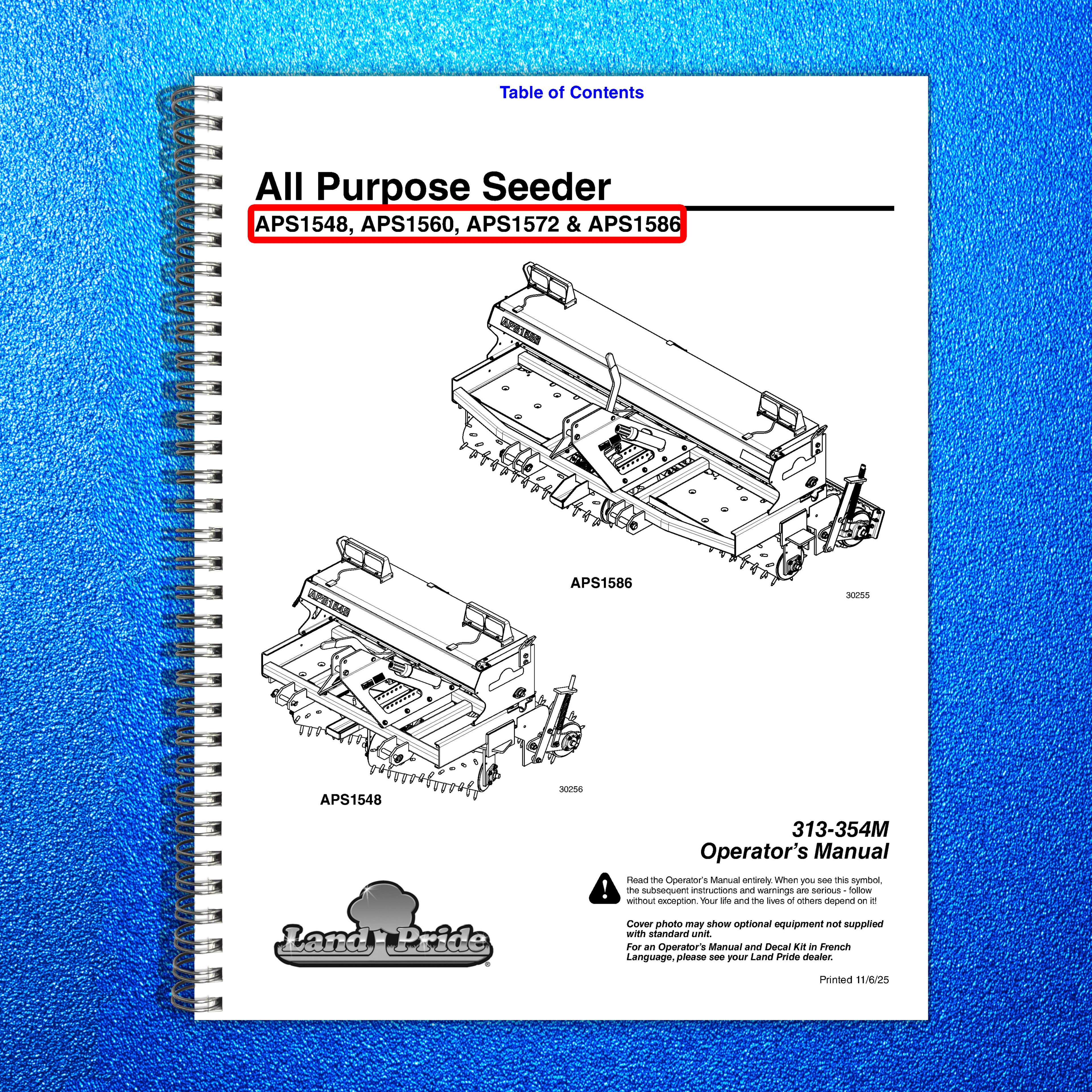 LAND PRIDE APS15 Series All Purpose Seeders Operators Manual - WIRE BOUND