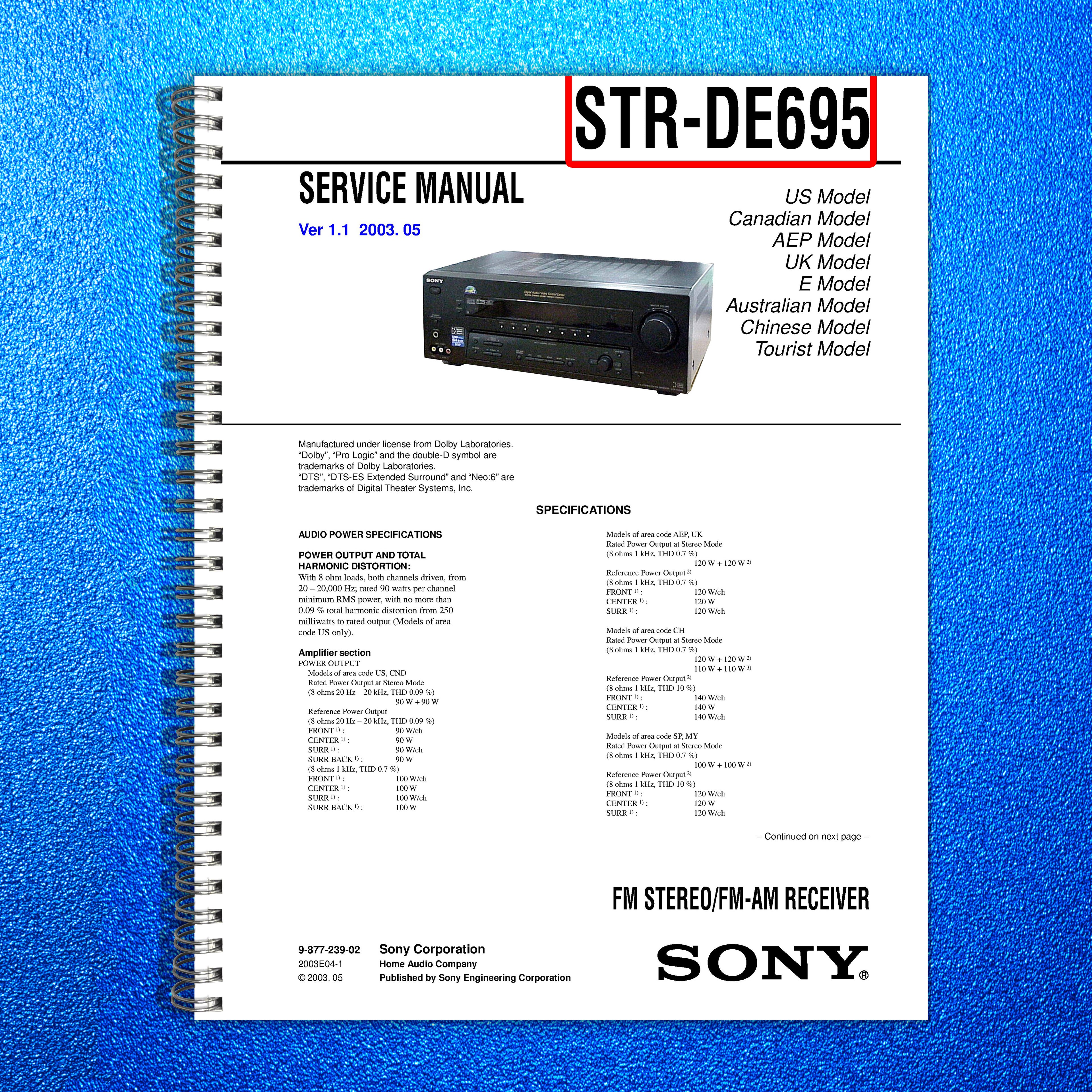 SONY STR-DE695 FM Stereo FM-AM Receiver Service Manual, BOUND, COVERS, FOLDOUTS