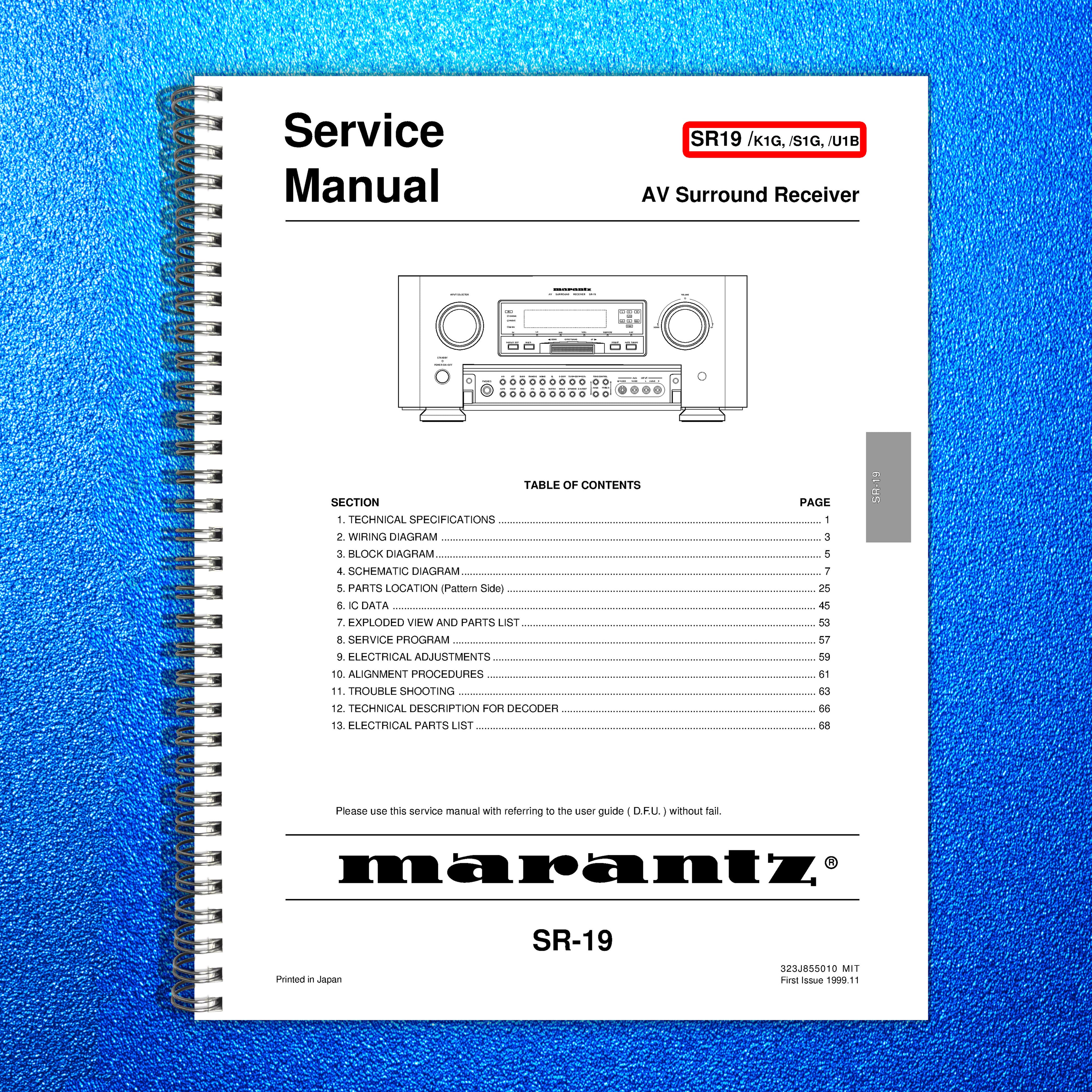 MARANTZ SR-19 AV Surround Receiver Service Manual 1999, BOUND, COVERS, FOLDOUTS
