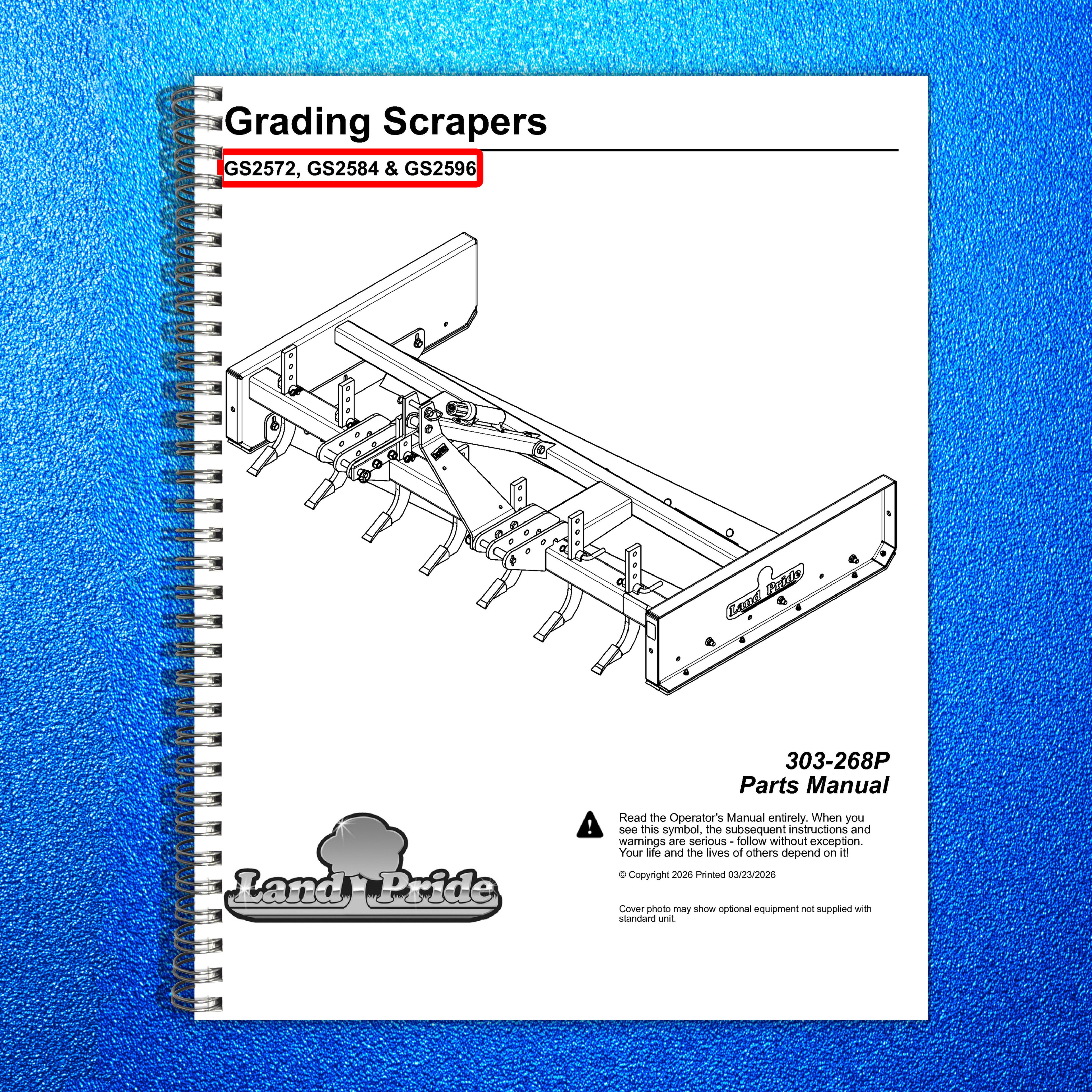 LAND PRIDE GS25 Series Grading Scrapers Parts Manual 2026 - WIRE BOUND - COVERS