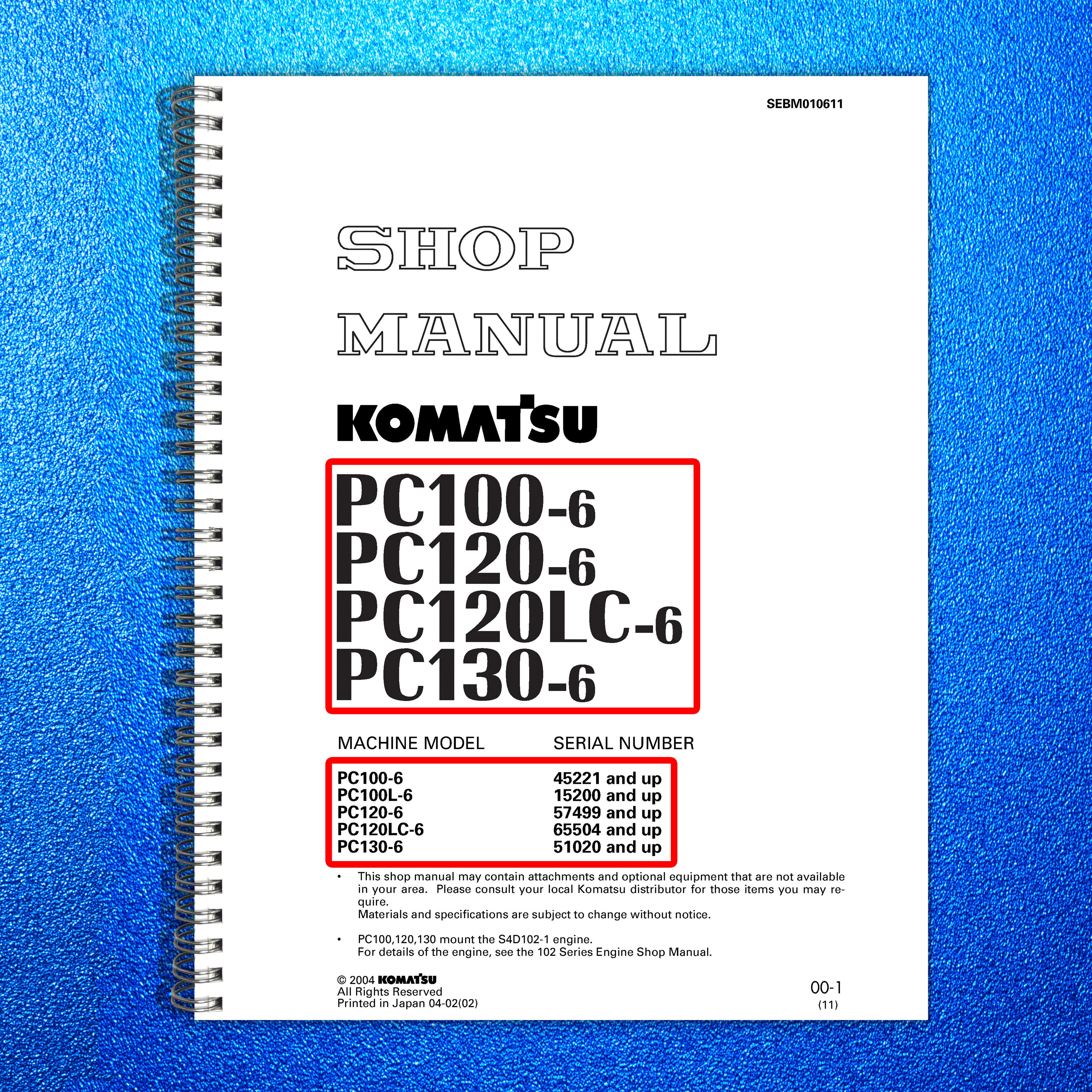 KOMATSU PC100-6 PC120-6 PC120LC-6 PC130-6 Shop Manual, BOUND, COVERS, FOLDOUTS