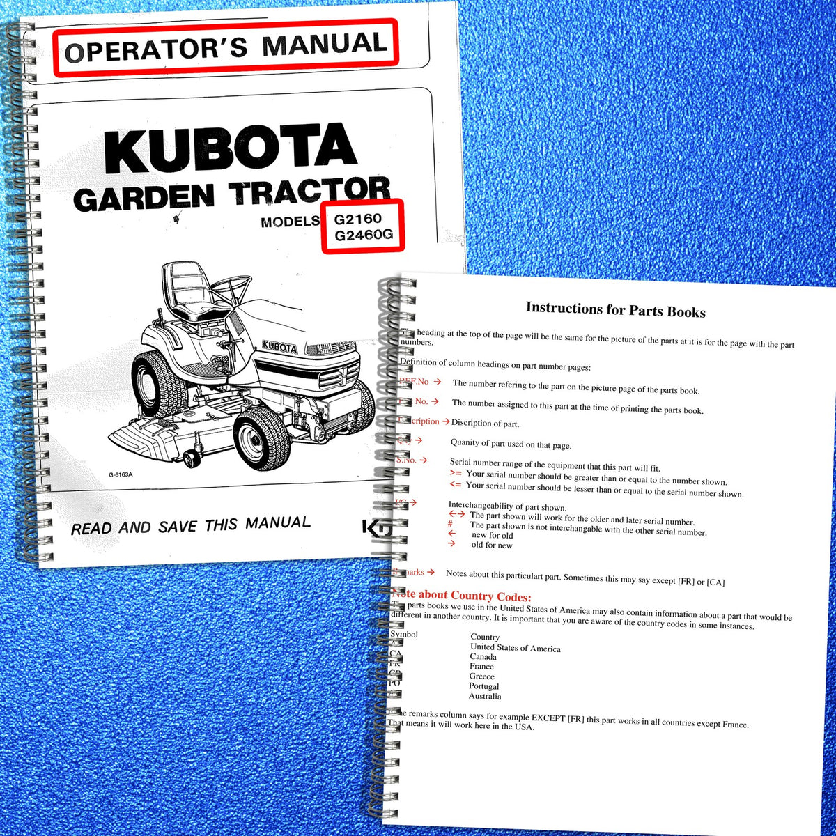 KUBOTA G2160 G2460G Operators & Parts Manual BUNDLE - WIRE BOUND - TOUGH COVERS