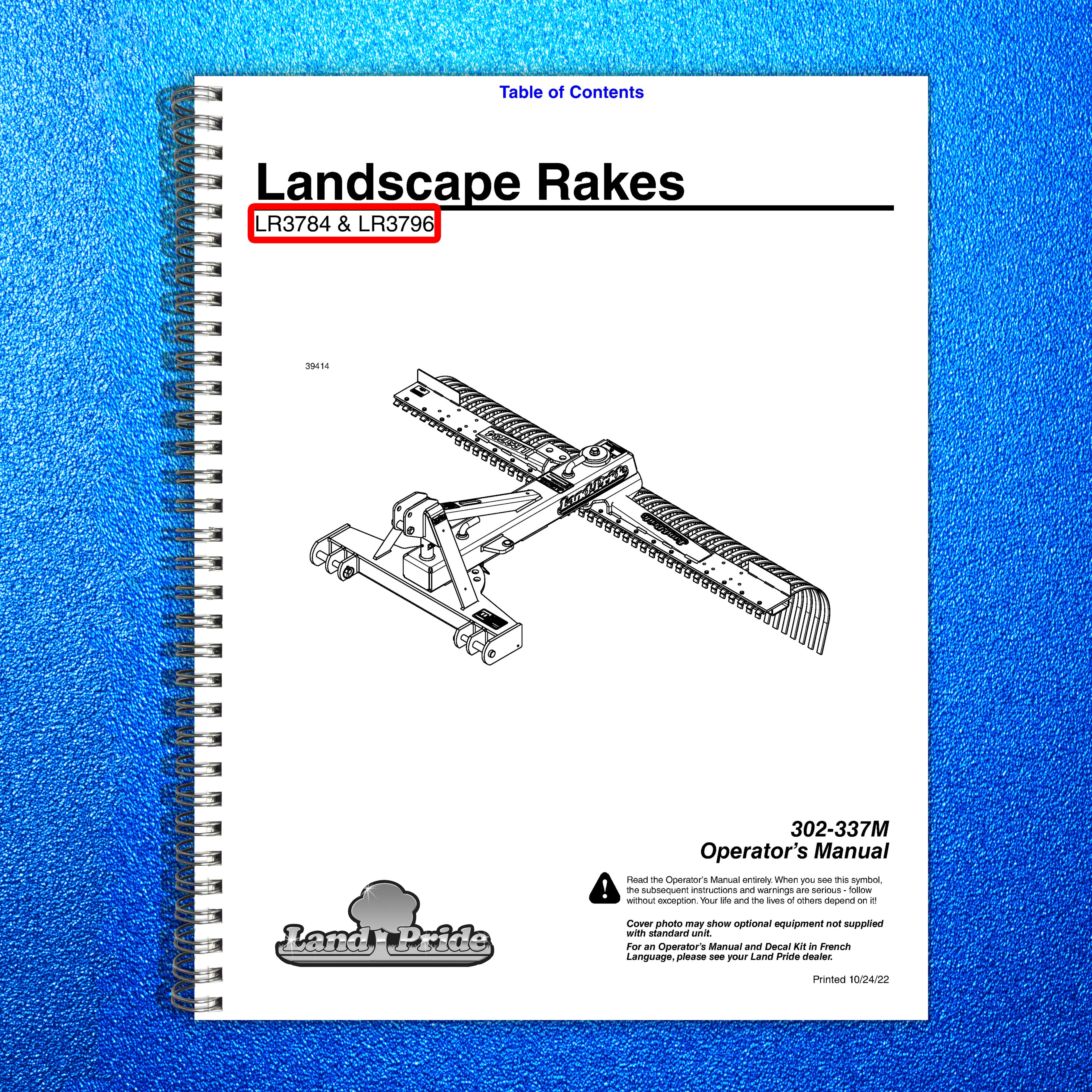 LAND PRIDE LR37 Series Landscape Rakes Operators Manual - WIRE BOUND - COVERS