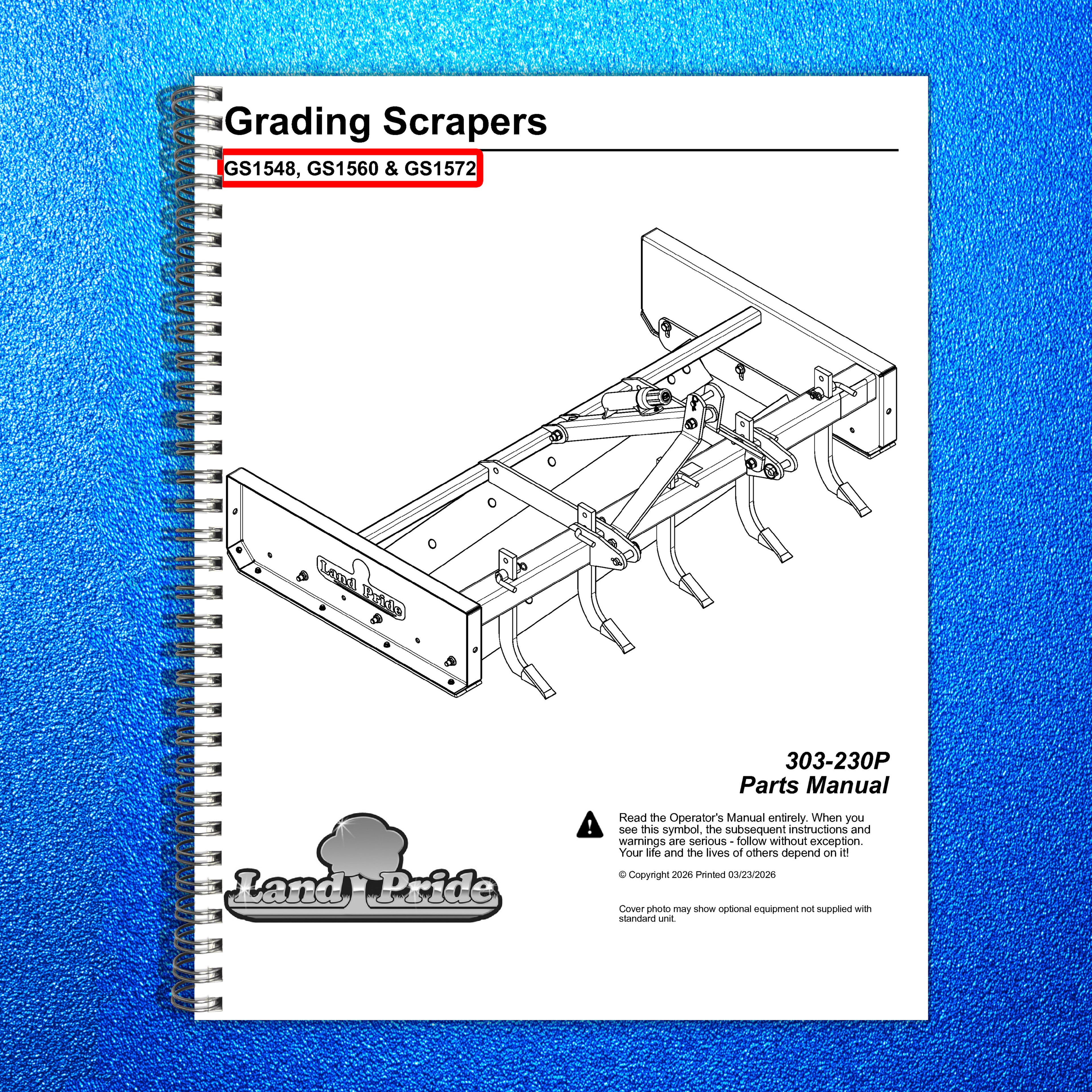 LAND PRIDE GS15 Series Grading Scrapers Parts Manual 2026 - WIRE BOUND - COVERS