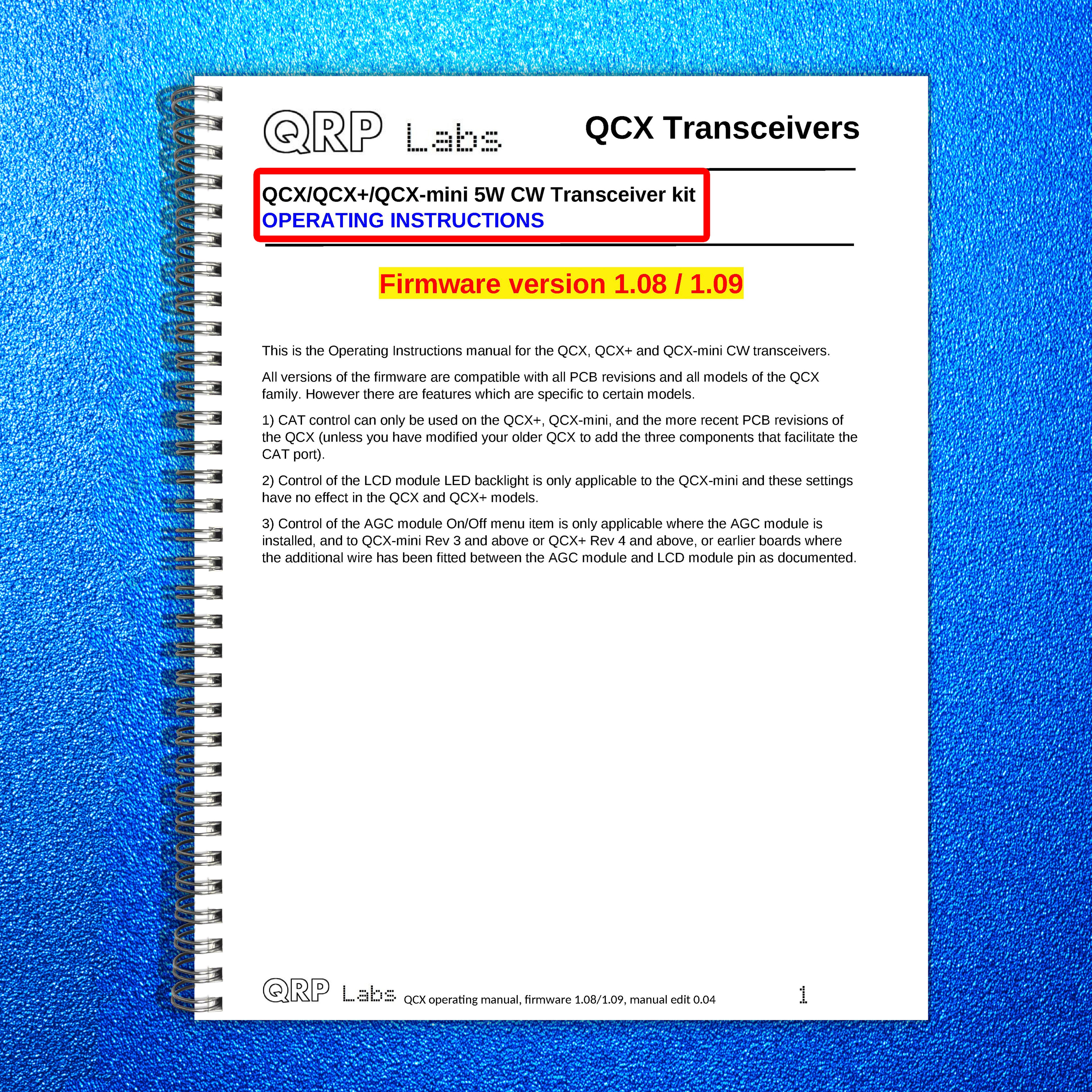 QRP LABS QCX-Mini Operation Manual - STEEL WIRE BOUND - PROTECTIVE COVERS