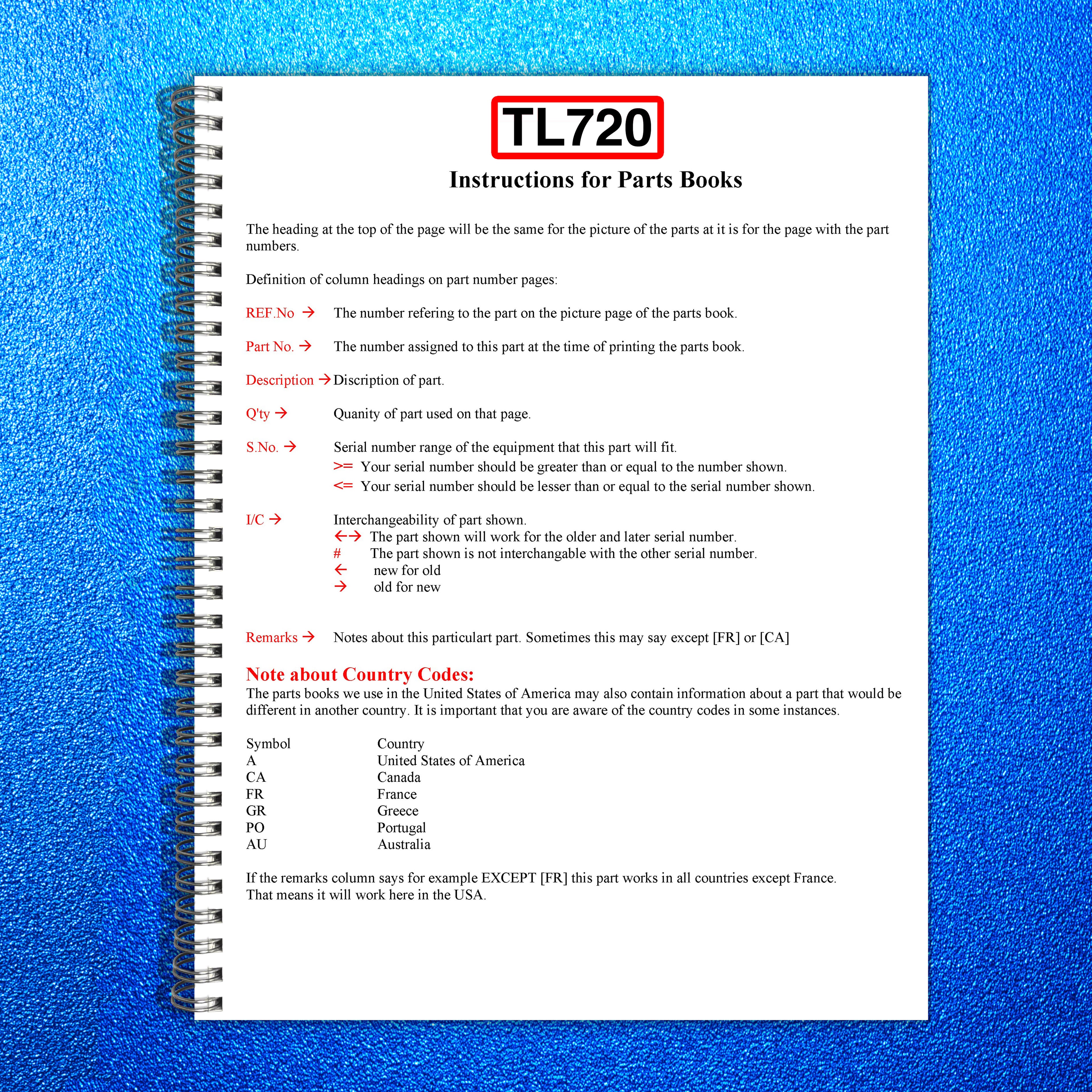 KUBOTA TL720 Loader Illustrated Parts List Manual - WIRE BOUND - TOUGH COVERS