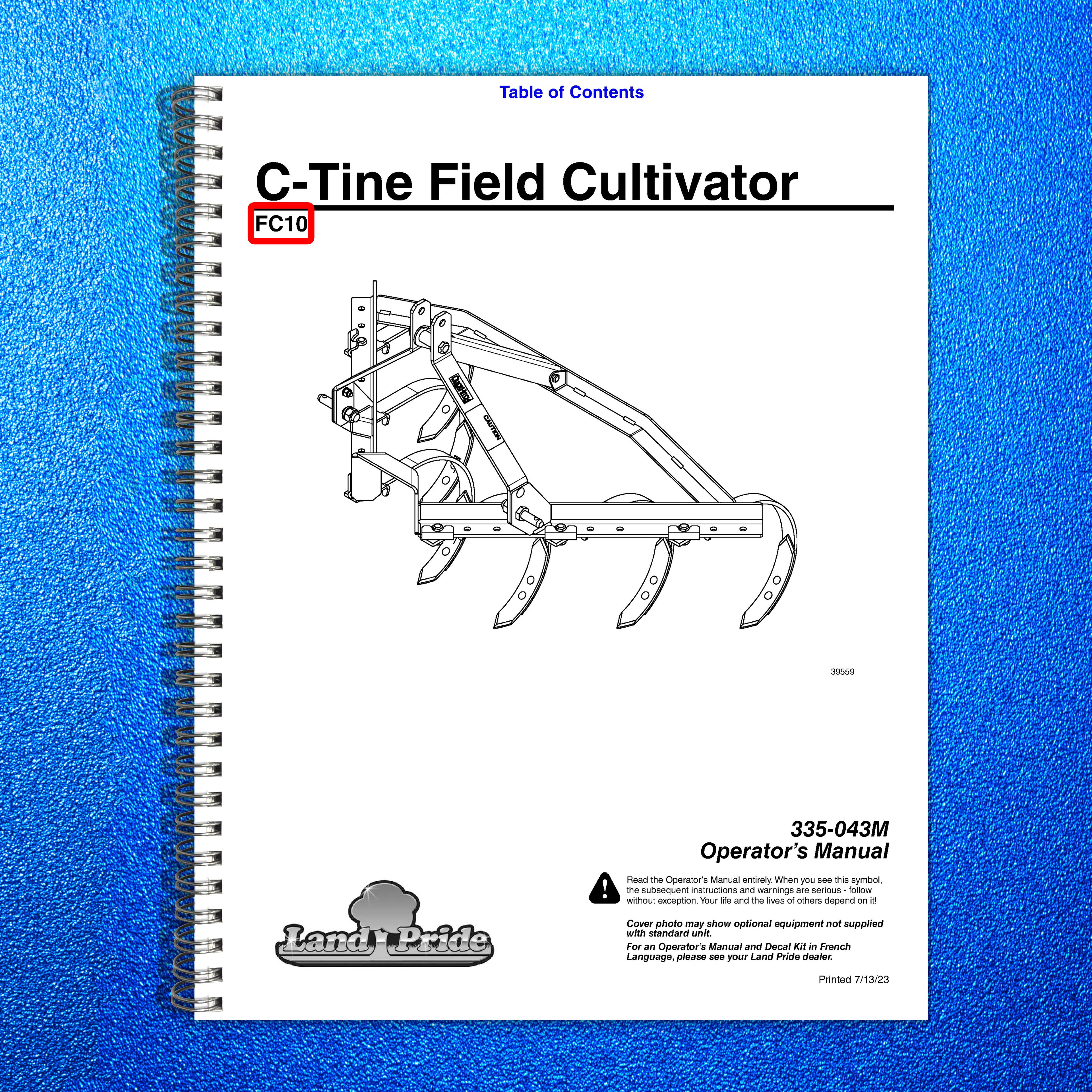 LAND PRIDE FC10 Series Field Cultivator Operators Manual - WIRE BOUND - COVERS