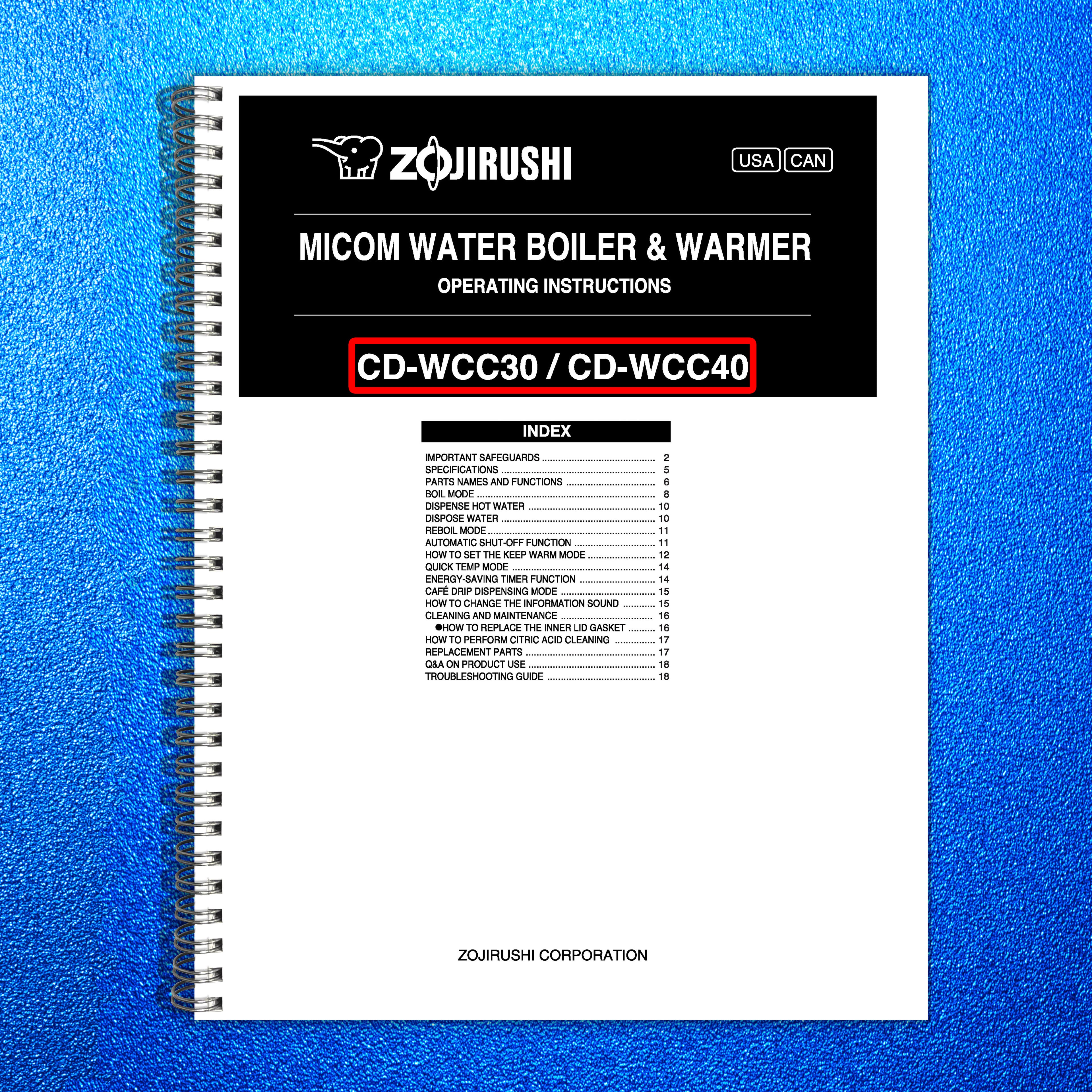 ZOJIRUSHI CD-WCC30 40 Micom Water Boiler  Operating Instructions Manual - BOUND