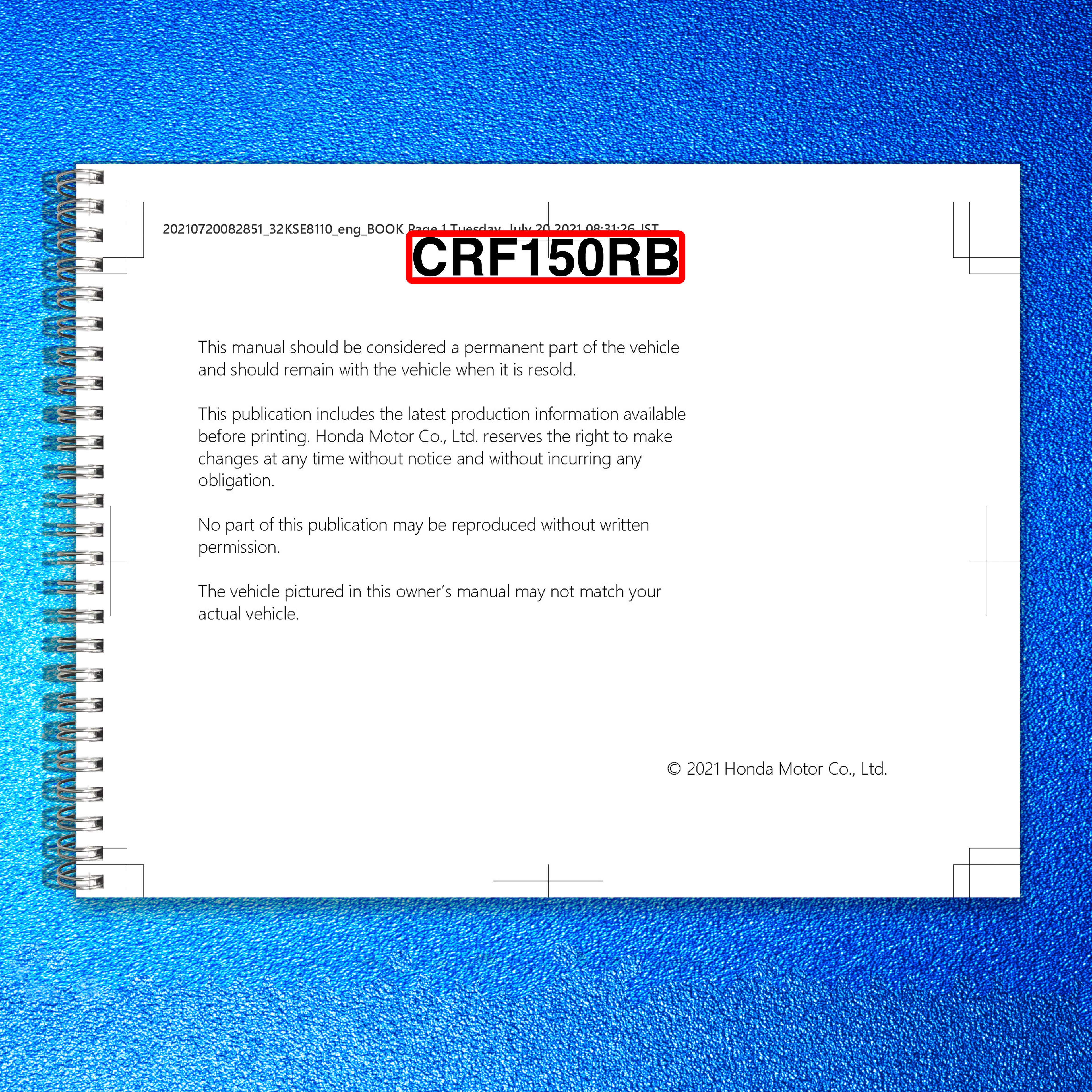 HONDA CRF150RB Motorcycle Owners Manual 2021 - STEEL WIRE BOUND - TOUGH COVERS