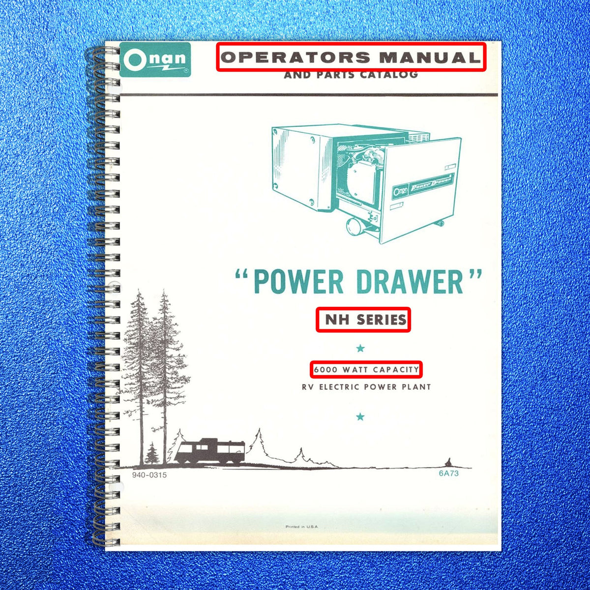 ONAN NH 6KW RV Generator Operators And Parts Manual - WIRE BOUND - TOUGH COVERS