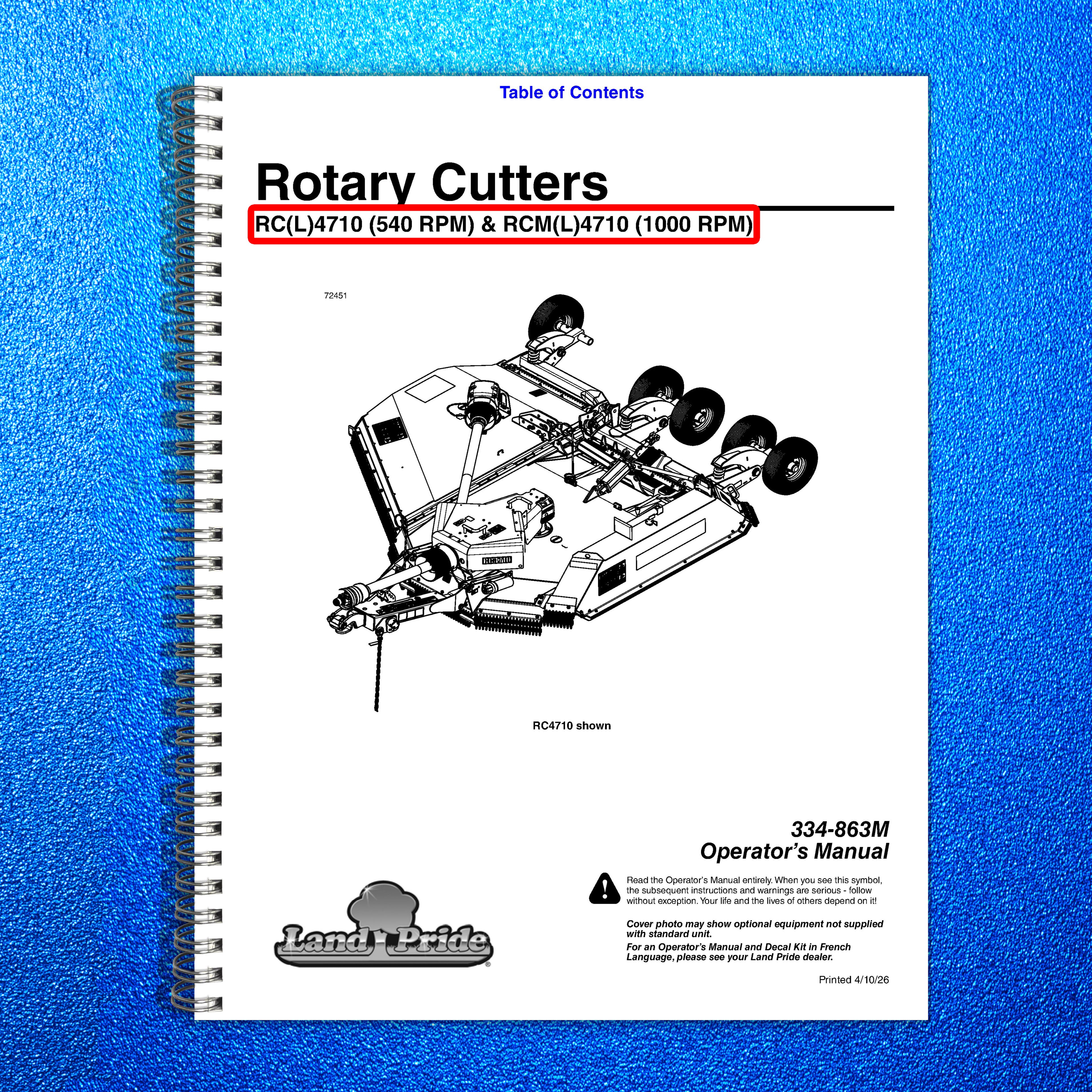 LAND PRIDE RC4710 Rotary Cutters Operators Manual - WIRE BOUND - TOUGH COVERS