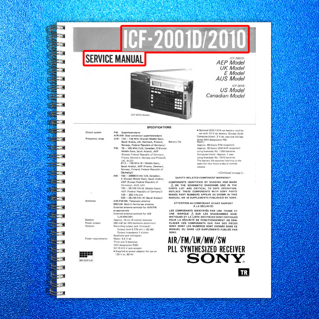 SONY ICF-2001D 2010 Receiver Service Manual - WIRE BOUND - COVERS - XL FOLDOUTS!