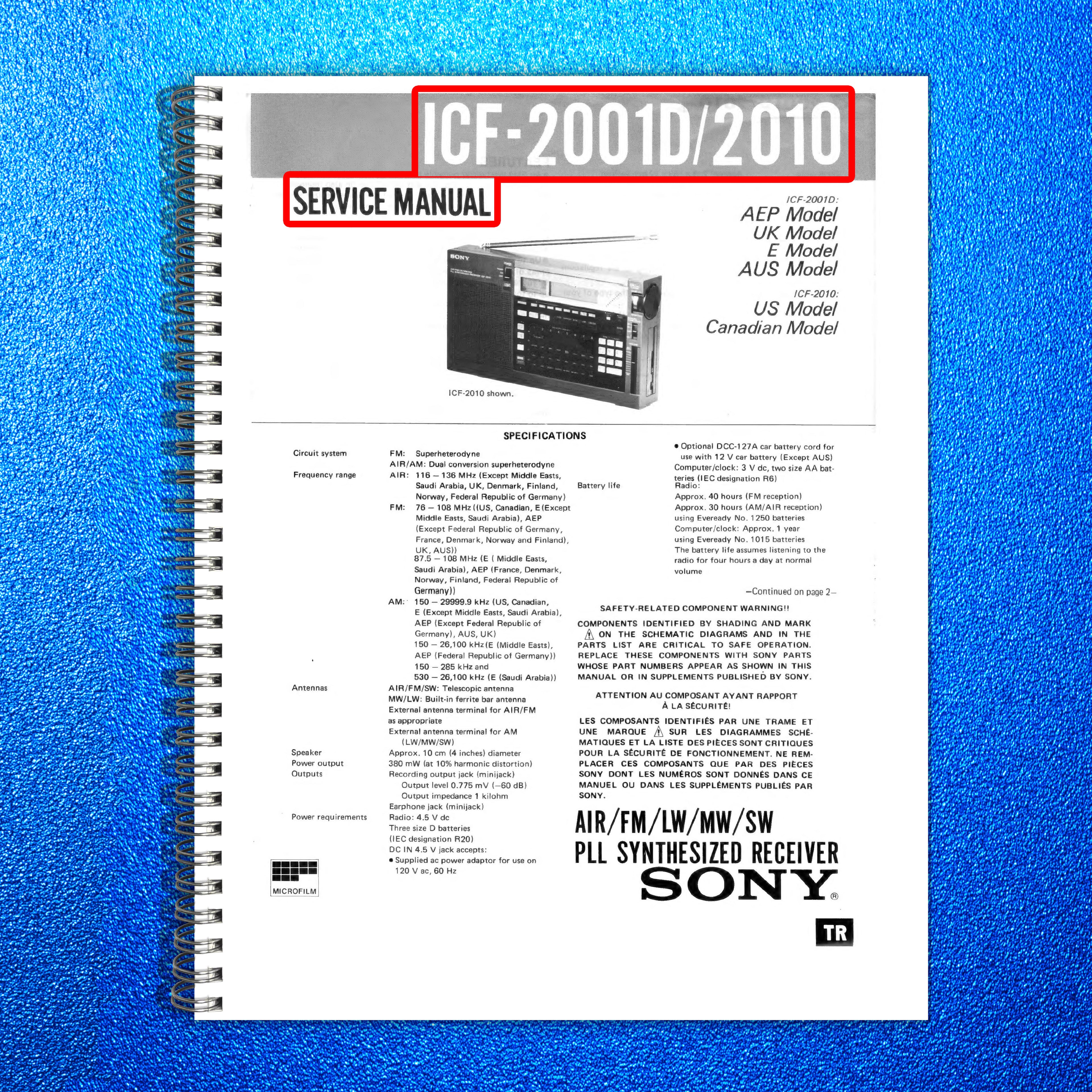 SONY ICF-2001D 2010 Receiver Service Manual - WIRE BOUND - COVERS - XL FOLDOUTS!