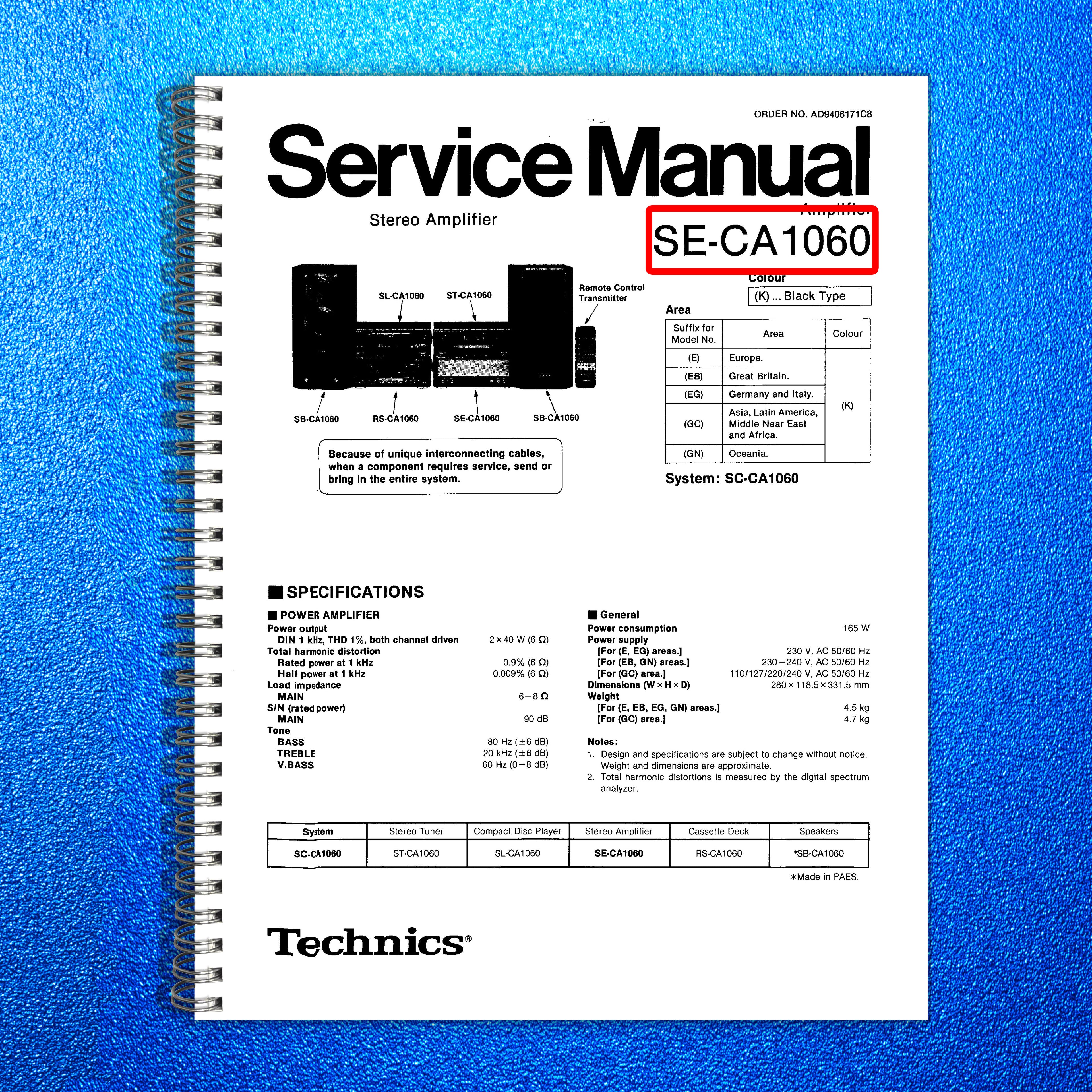 TECHNICS SE-CA1060 Stereo Amplifier Service Manual - WIRE BOUND - TOUGH COVERS
