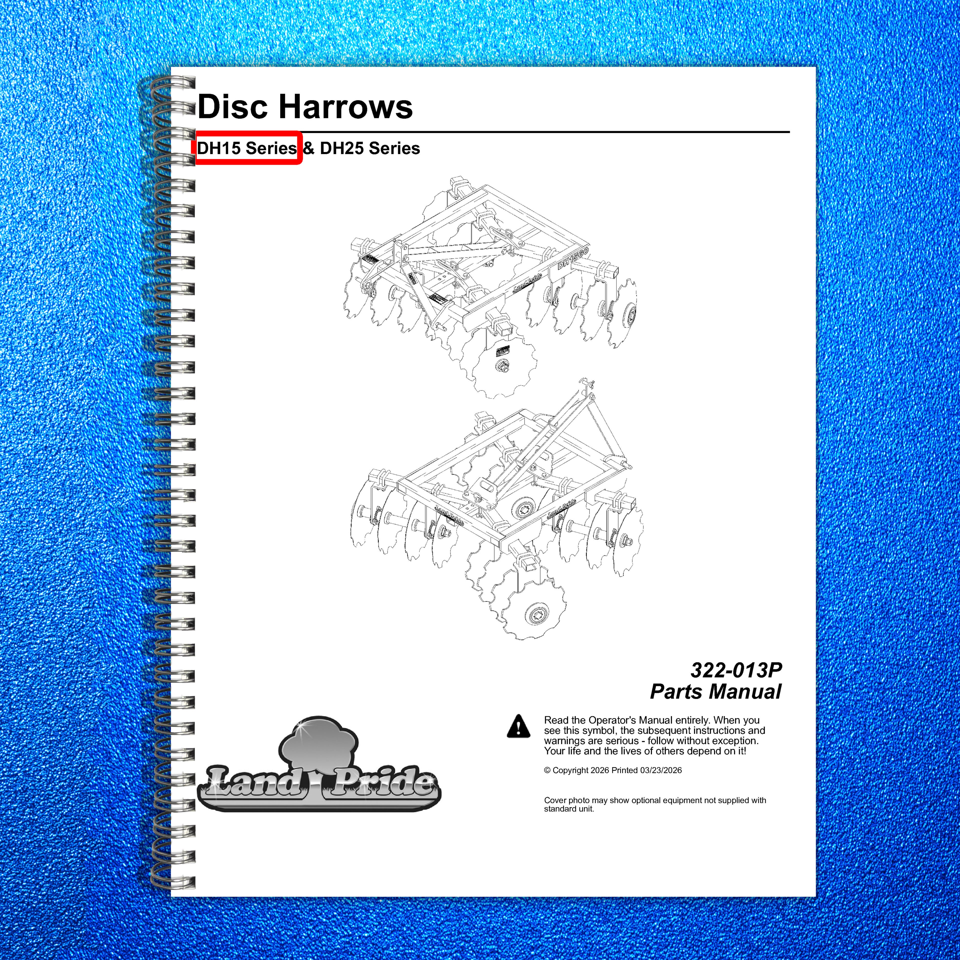 LAND PRIDE DH15 Series Disc Harrows Parts Manual 2026 - WIRE BOUND - COVERS