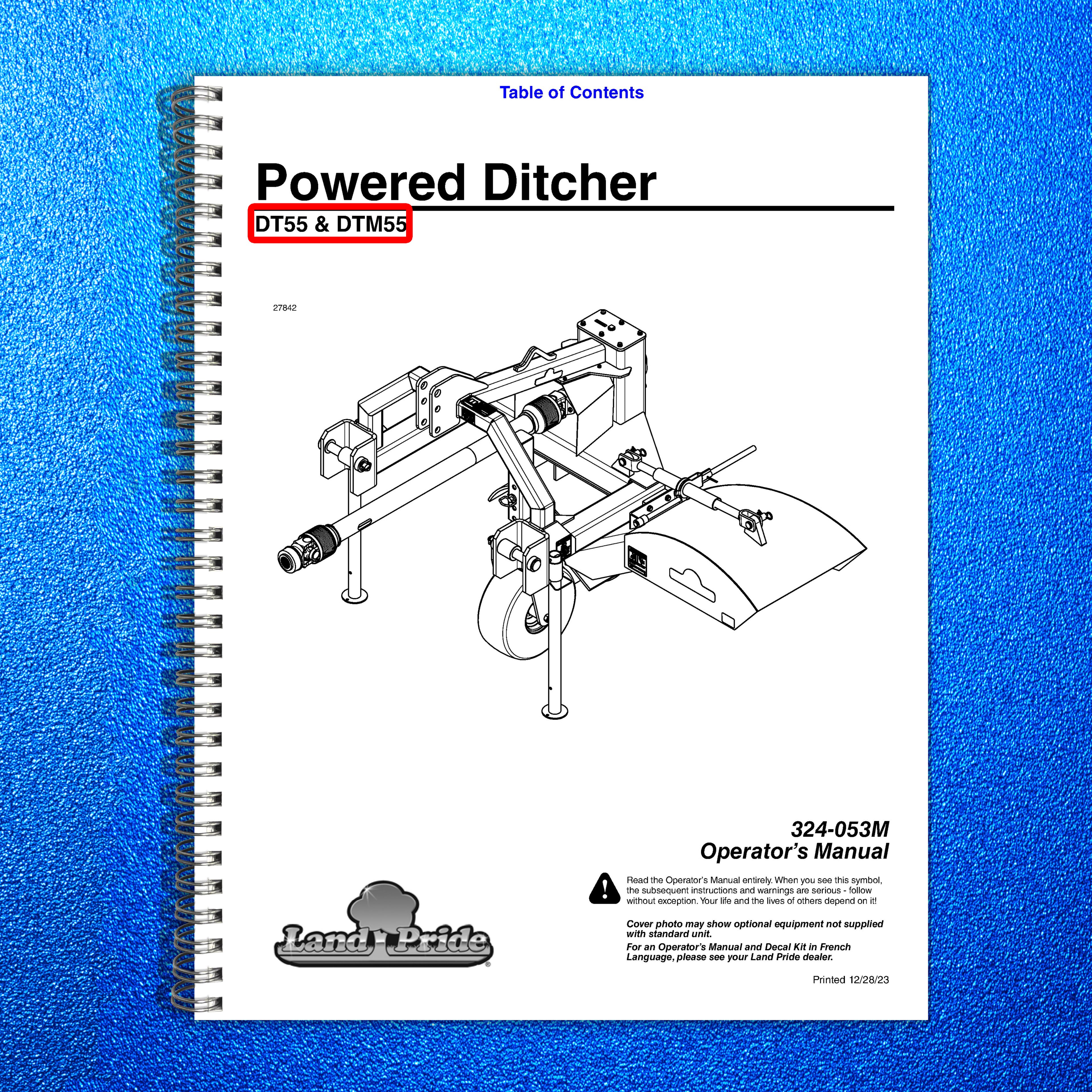 LAND PRIDE DT55 Series Ditchers Operators Manual - WIRE BOUND - TOUGH COVERS
