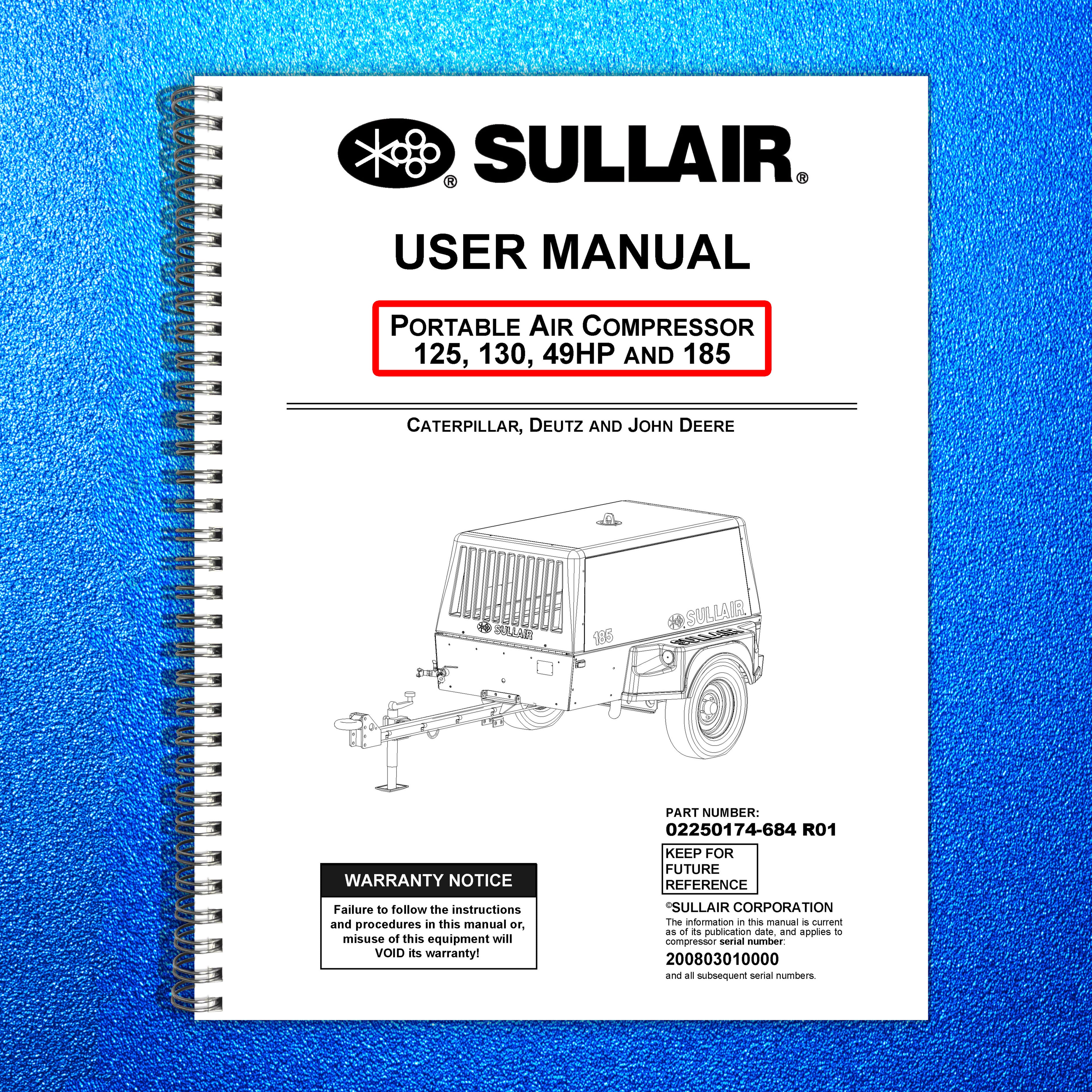 SULLAIR 125 130 185 Portable Air Compressor User Manual - WIRE BOUND - COVERS