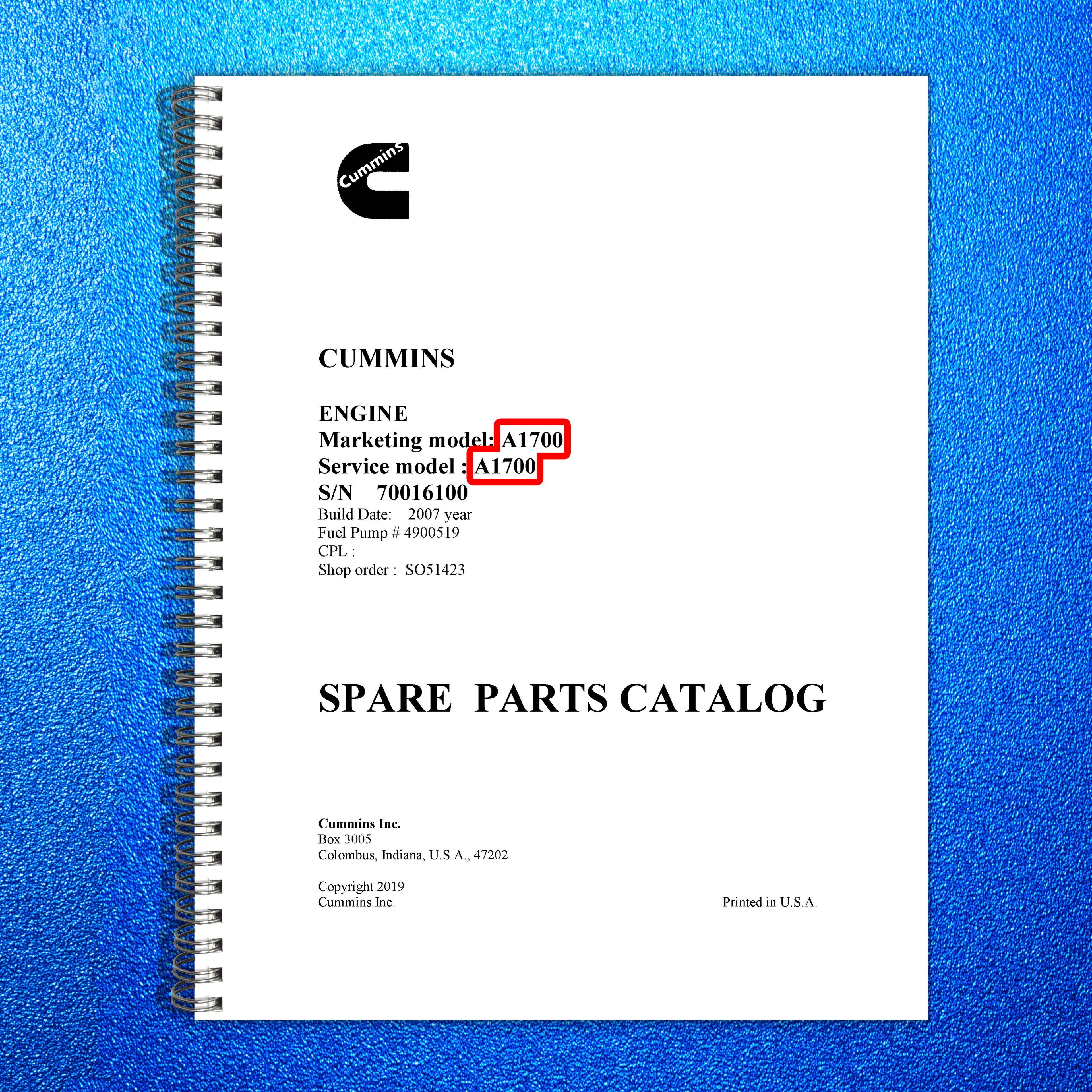 CUMMINS A1700 Engine Parts Catalog Manual SN 70016100 Up 2007 - WIRE BOUND
