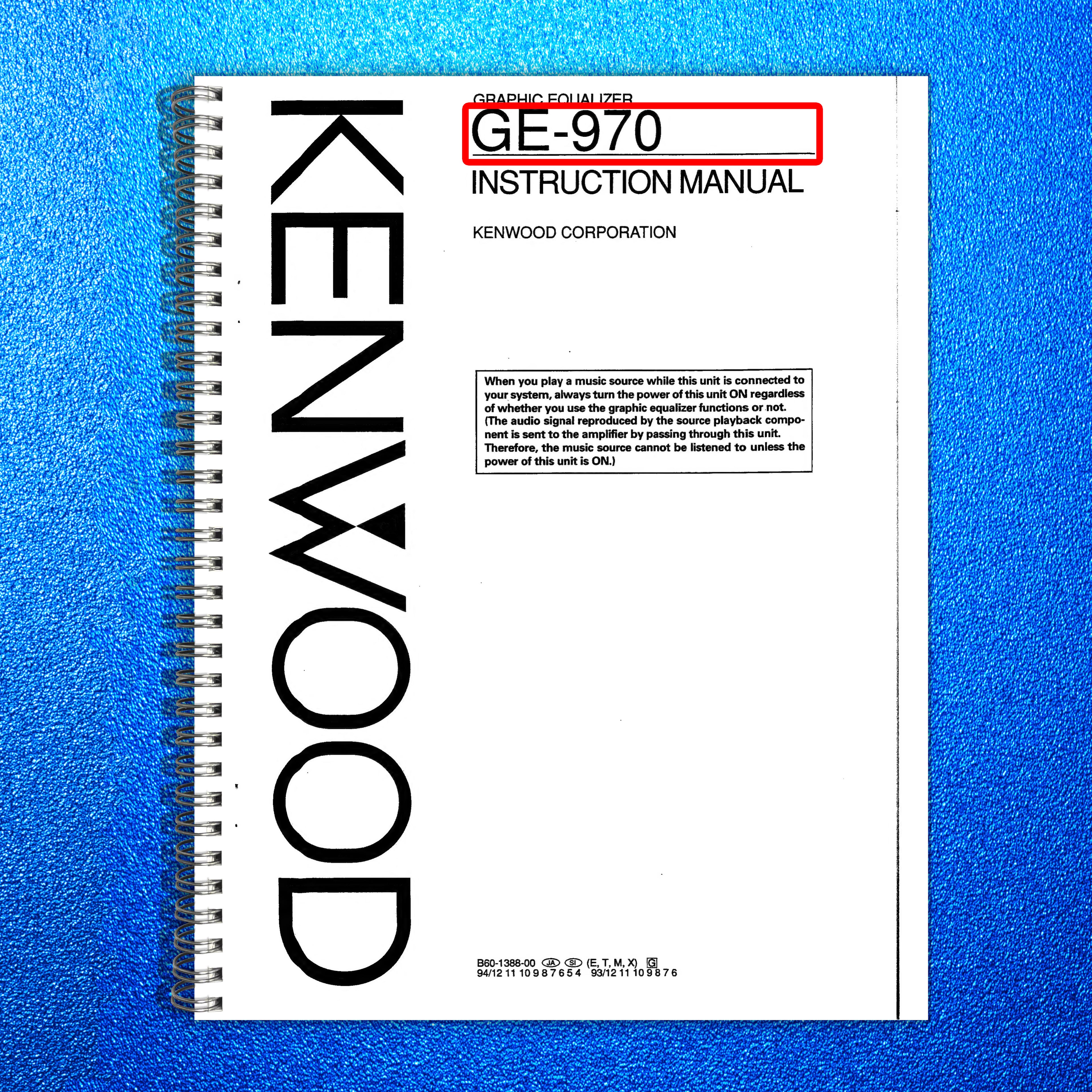 KENWOOD Graphic Equalizer GE-970 Instruction Manual - WIRE BOUND - TOUGH COVERS