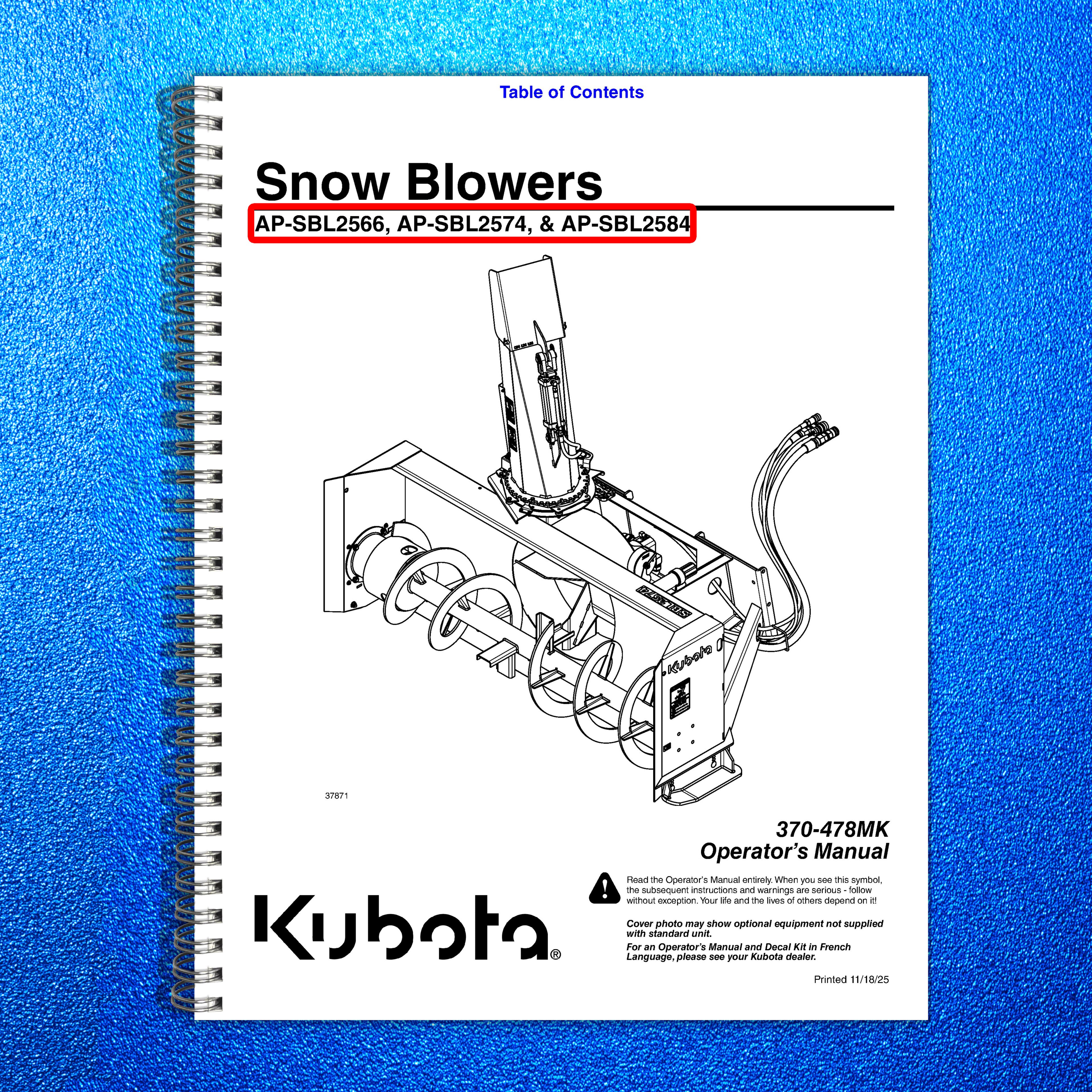 LAND PRIDE SBL25 Series Snow Blowers Operators Manual - WIRE BOUND - COVERS