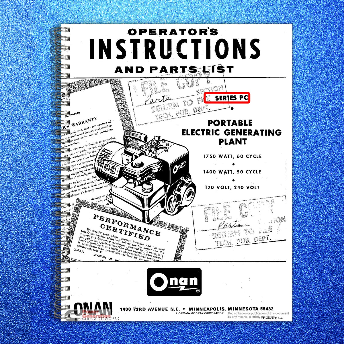 ONAN PC Series Spec A-C Operators And Parts Manual - WIRE BOUND - TOUGH COVERS