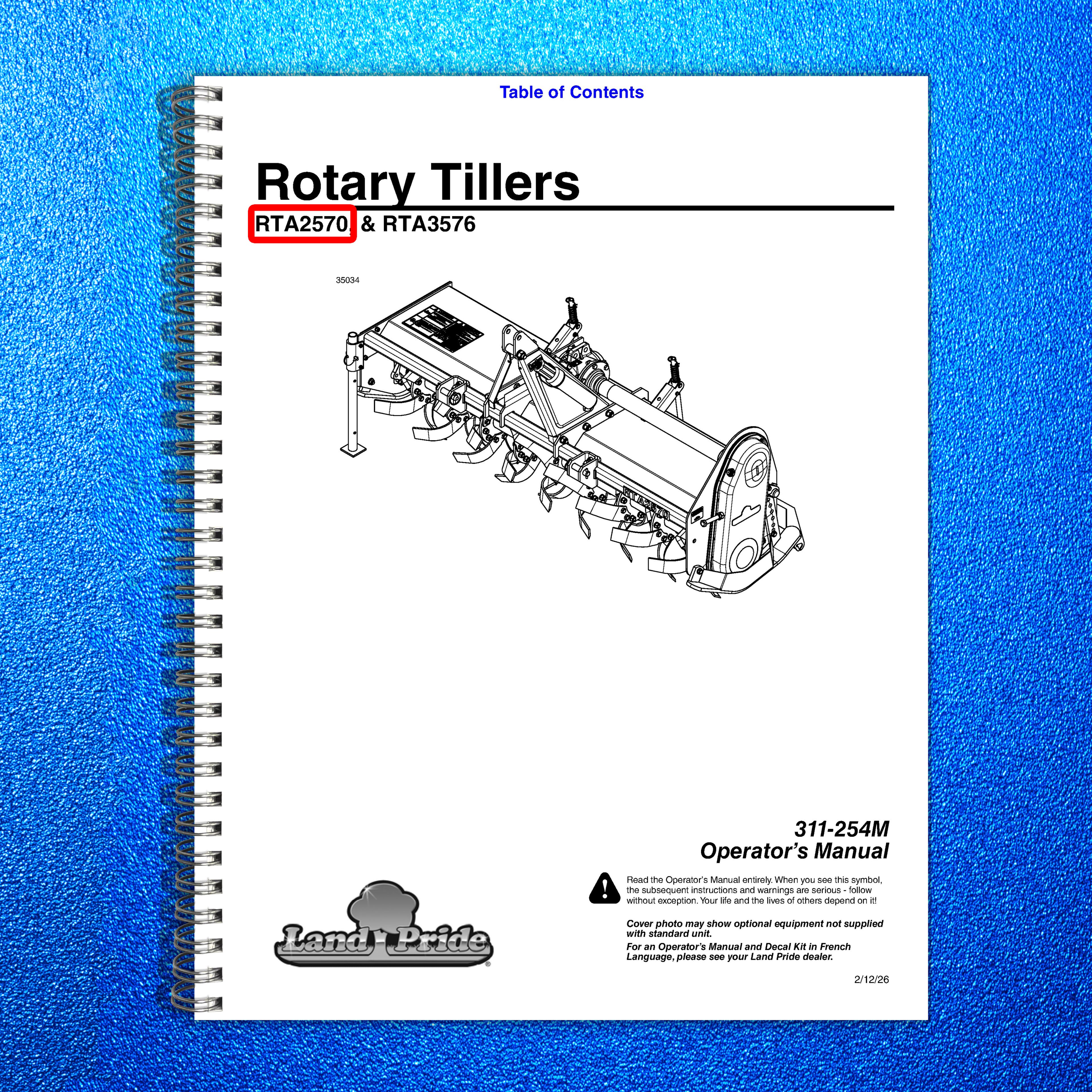 LAND PRIDE RTA2570 Forward Rotation Rotary Tillers Operators Manual - WIRE BOUND