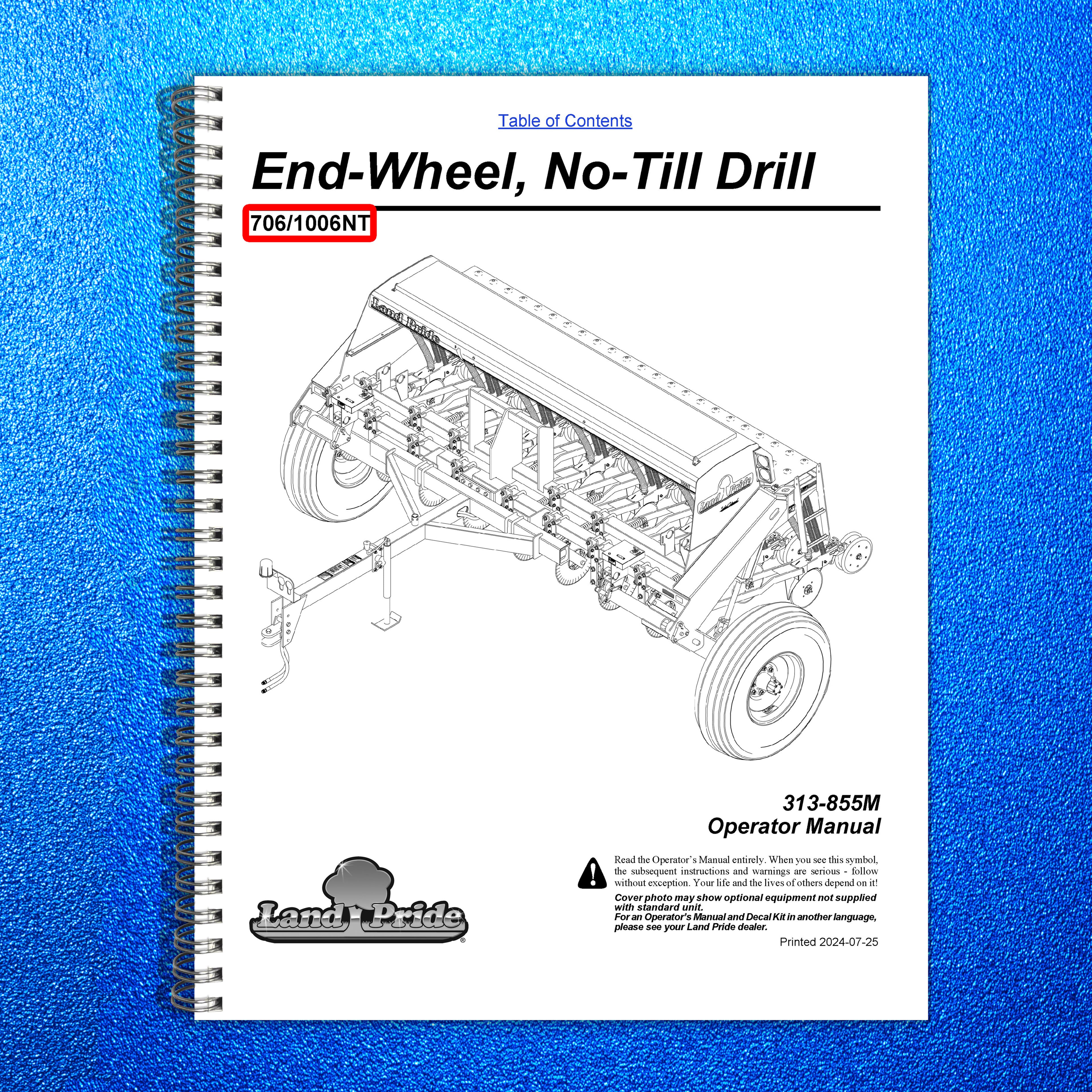 LAND PRIDE 706NT 1006NT End-wheel No-till Drills Operators Manual 2024 - BOUND