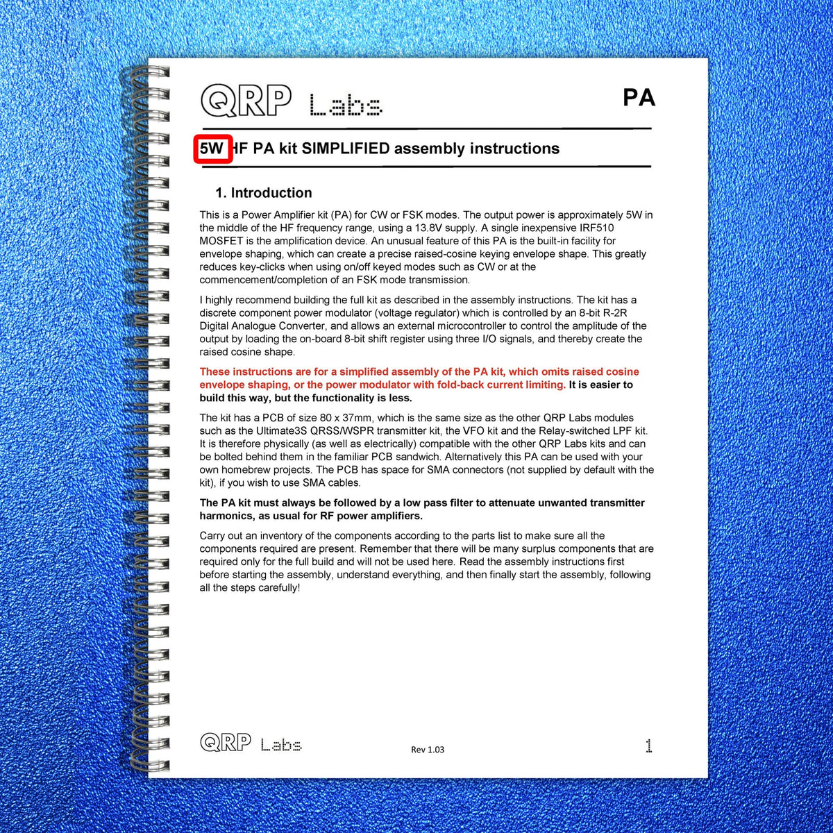 QRP LABS PA 5W HF Power Amplifier Kit Assembly Instructions Manual - WIRE BOUND