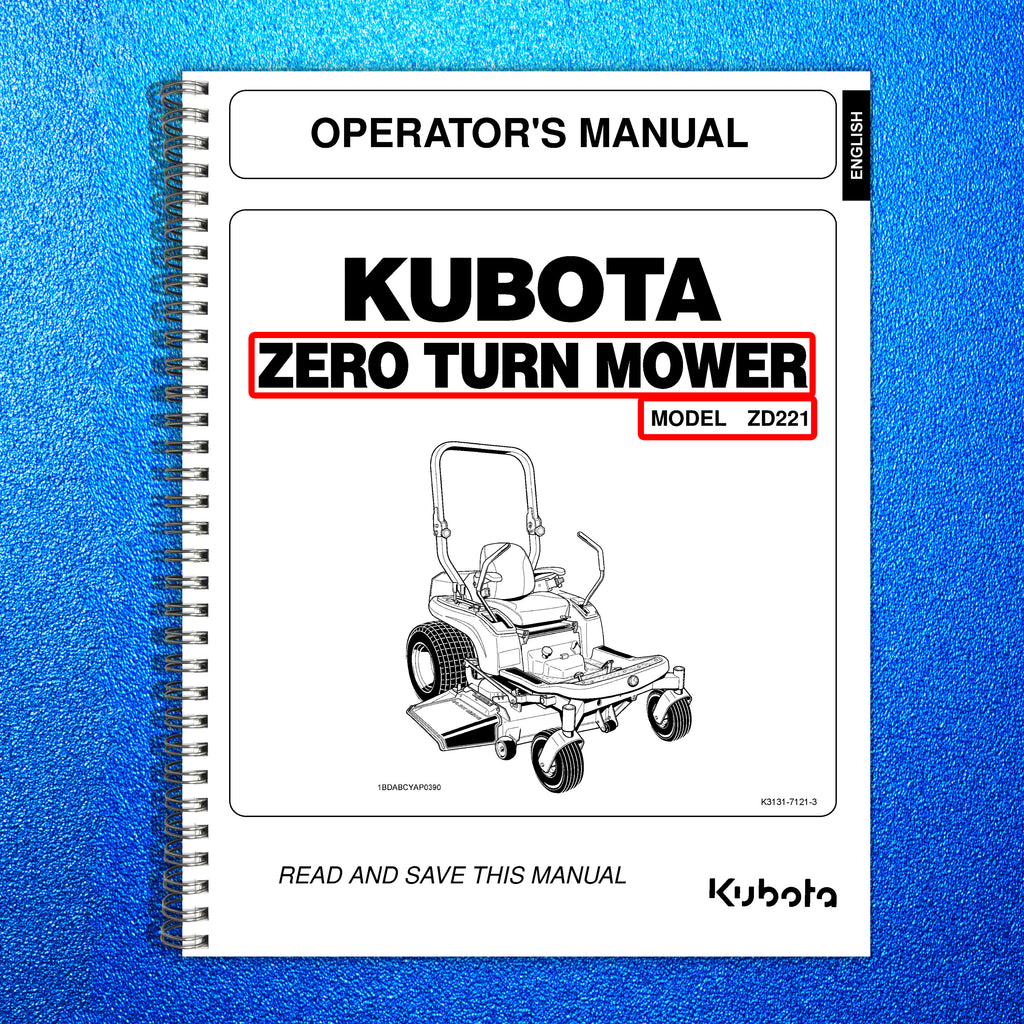 KUBOTA ZD221 ZERO TURN MOWER OPERATORS MANUAL - WIRE BOUND - PROTECTIVE COVERS