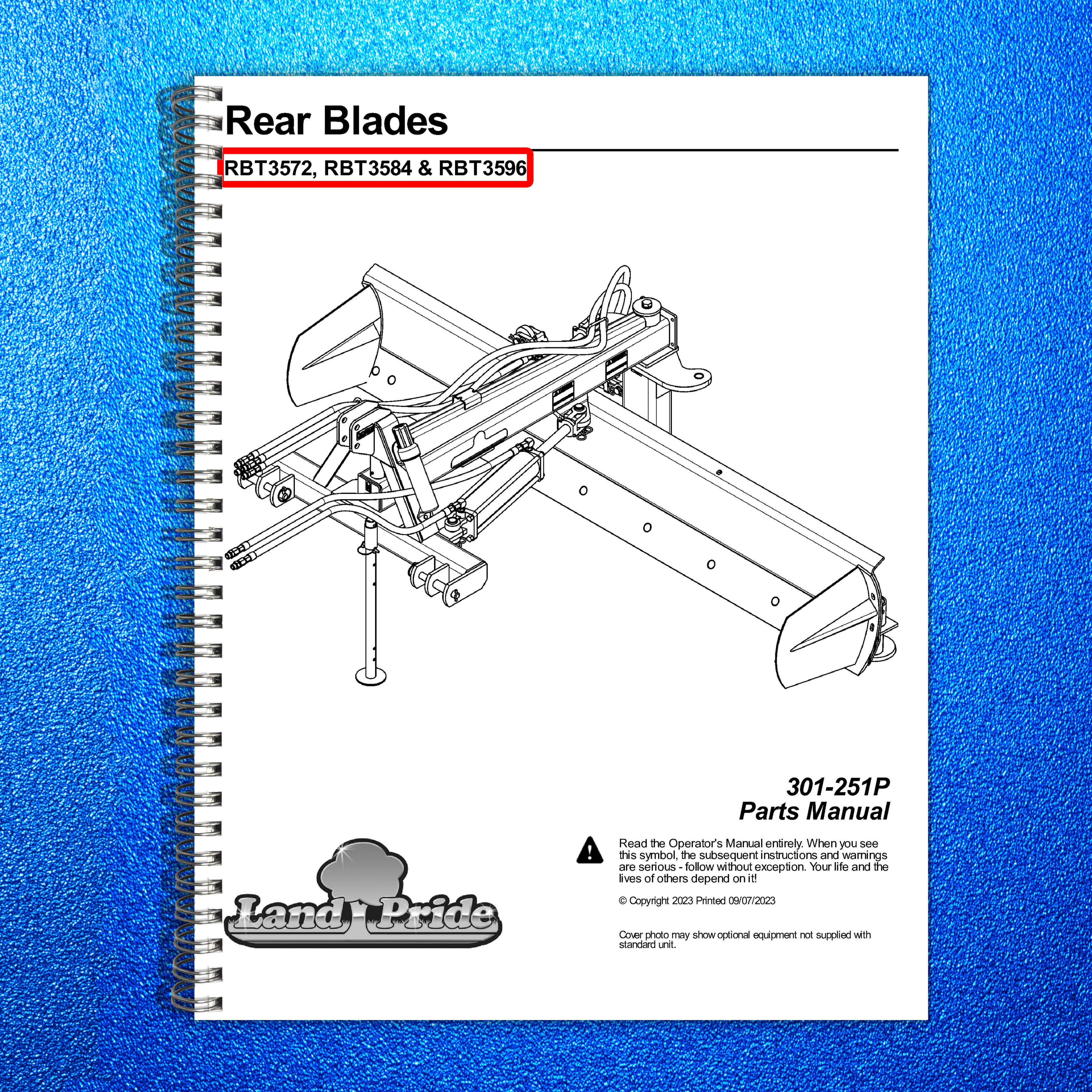 LAND PRIDE RBT35 Series Rear Blades Parts Manual 2023 - WIRE BOUND - COVERS