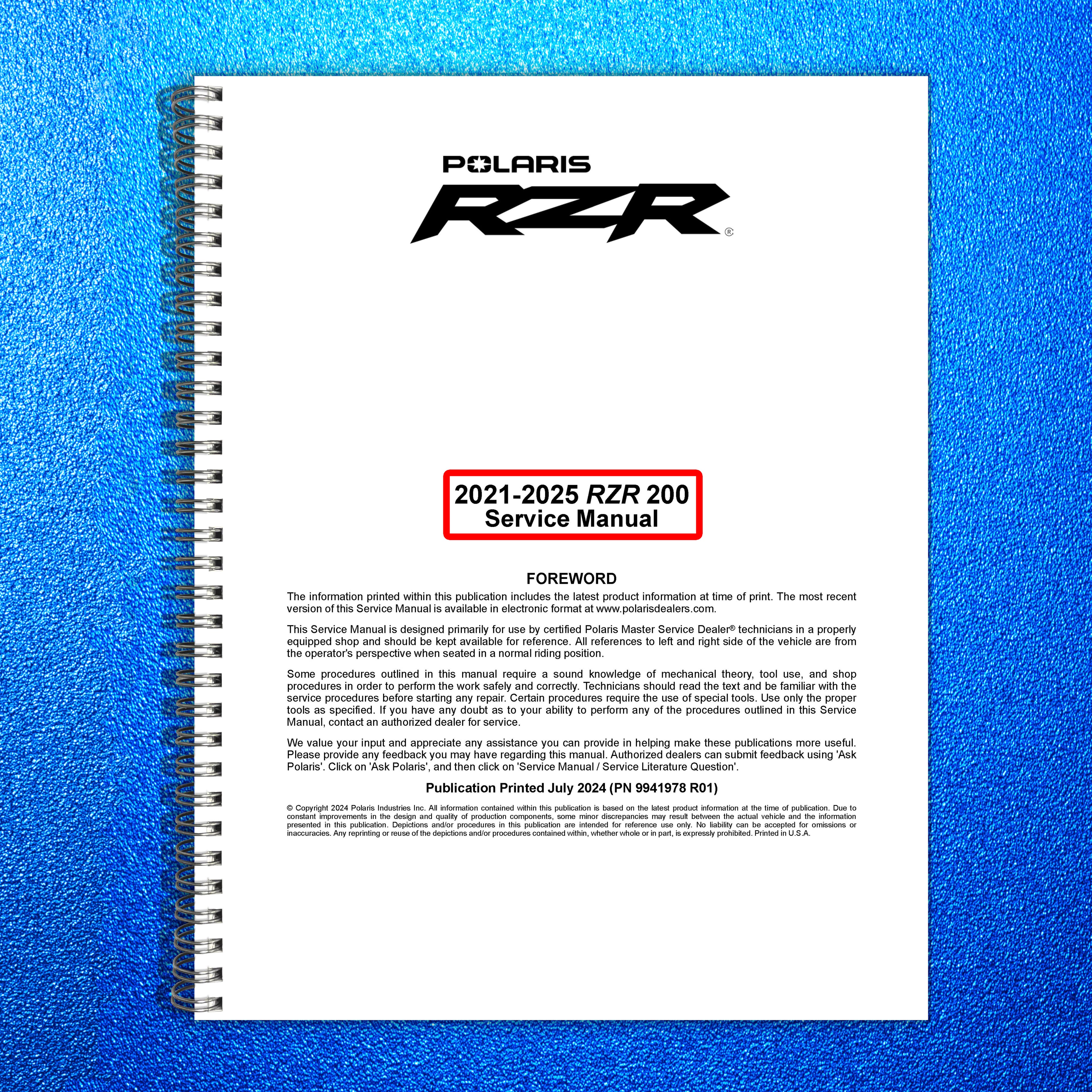 POLARIS RZR 200 Service Manual 2021-2025 - STEEL WIRE BOUND - PROTECTIVE COVERS