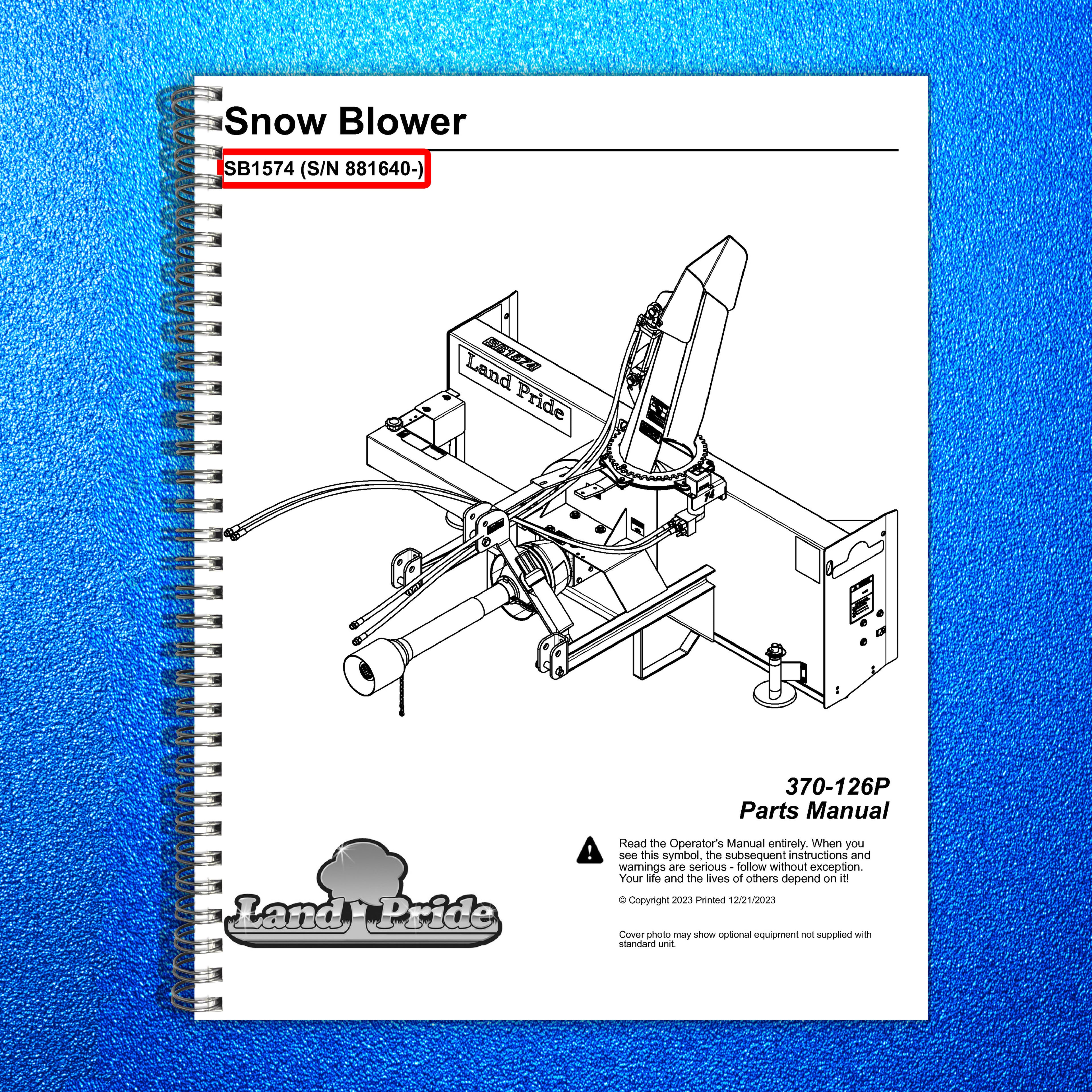 LAND PRIDE SB15 Series Snow Blowers Parts Manual 2023 - WIRE BOUND - COVERS