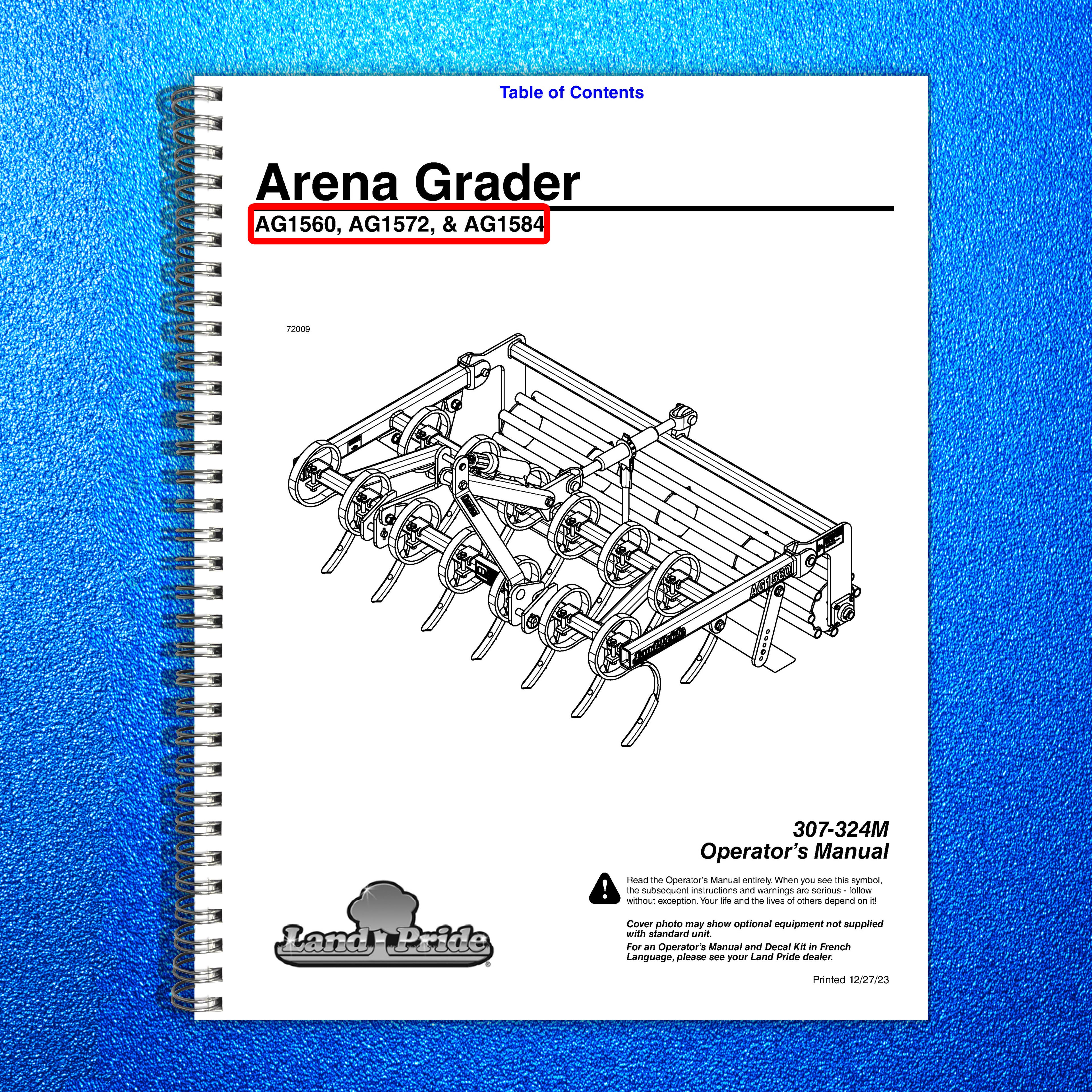 LAND PRIDE AG15 Series Arena Graders Operators Manual - WIRE BOUND - COVERS