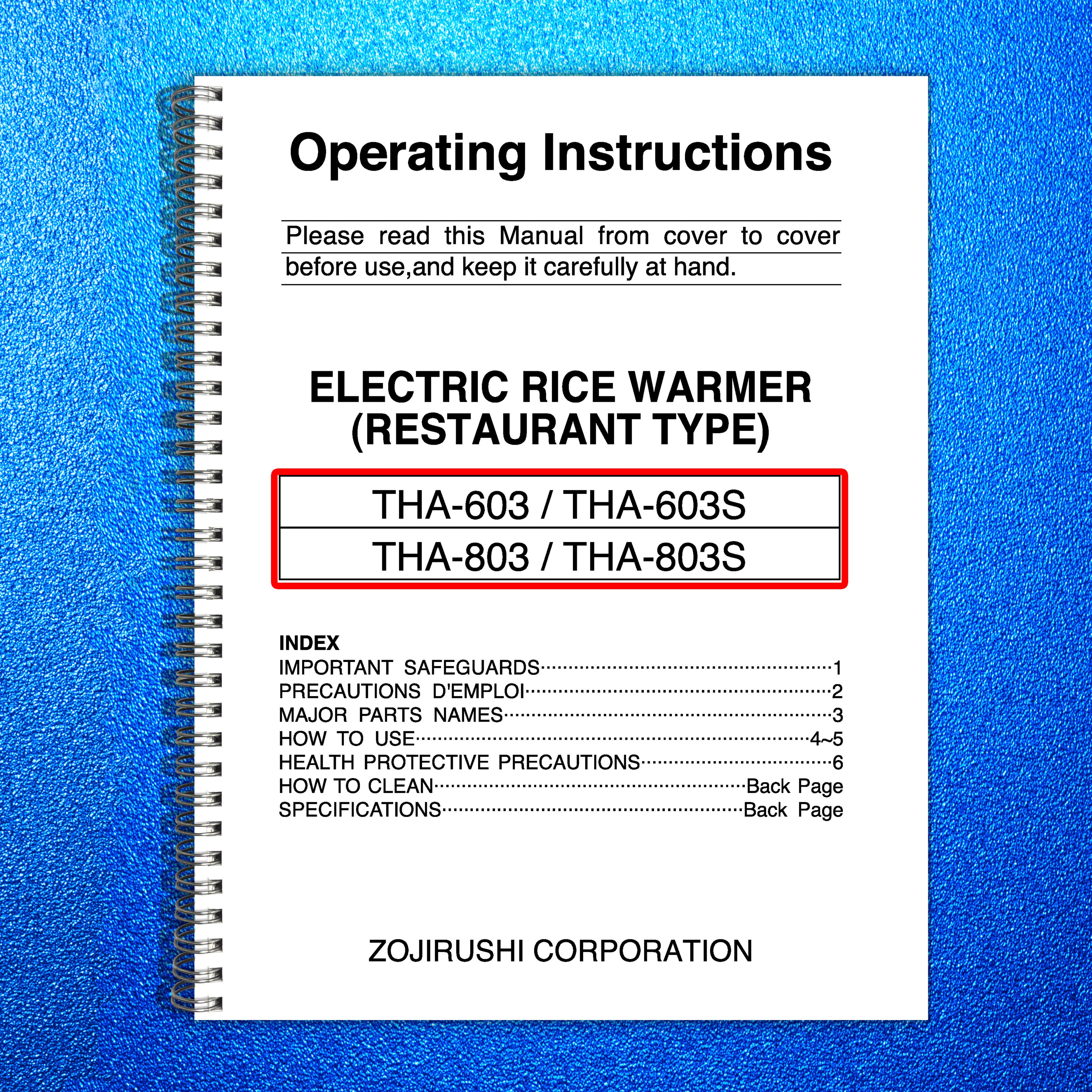 ZOJIRUSHI THA-603 603S 803 803S Electric Rice Operating Instructions Manual