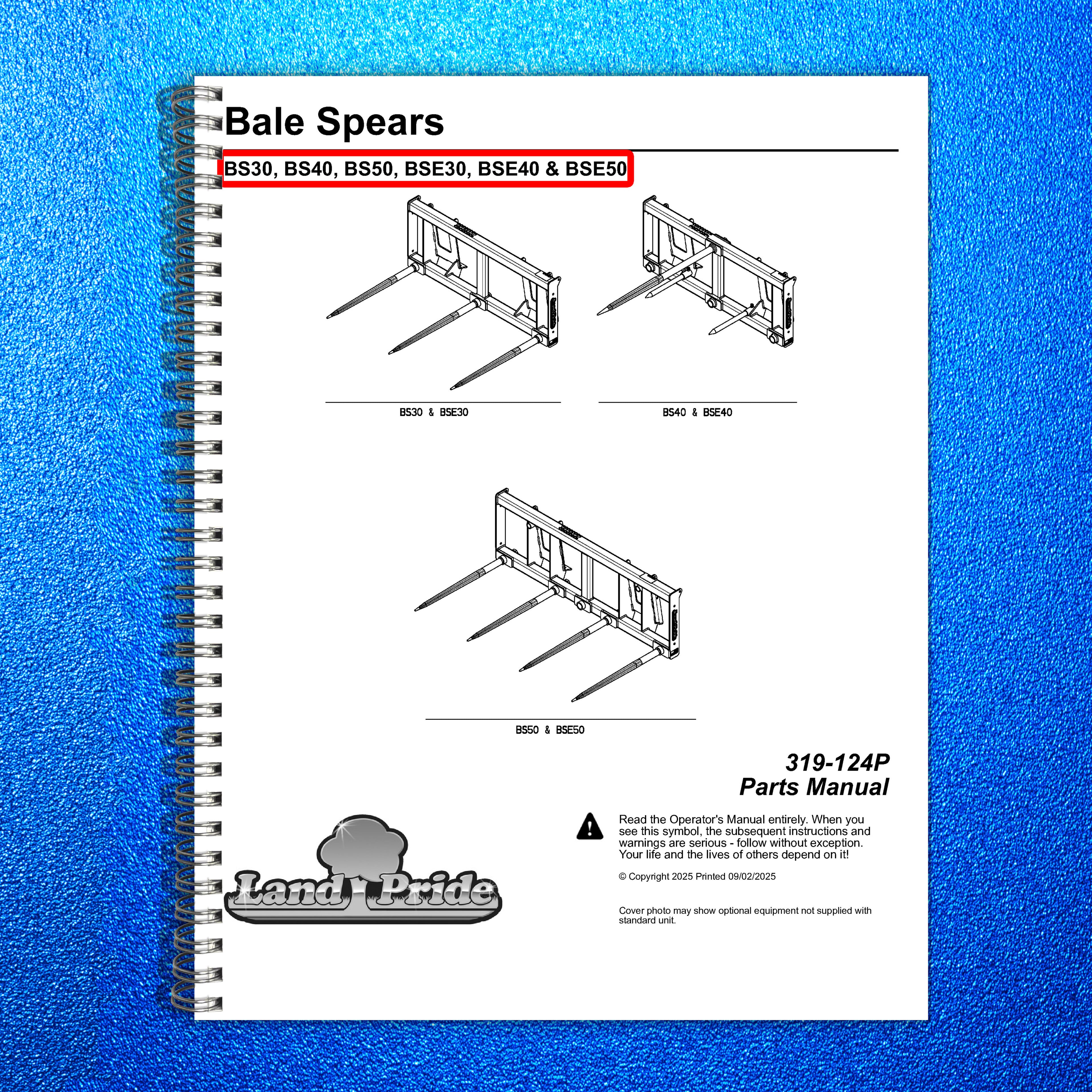 LAND PRIDE BS30 BS40 BS50 BSE50 Bale Spears Parts Manual - WIRE BOUND - COVERS