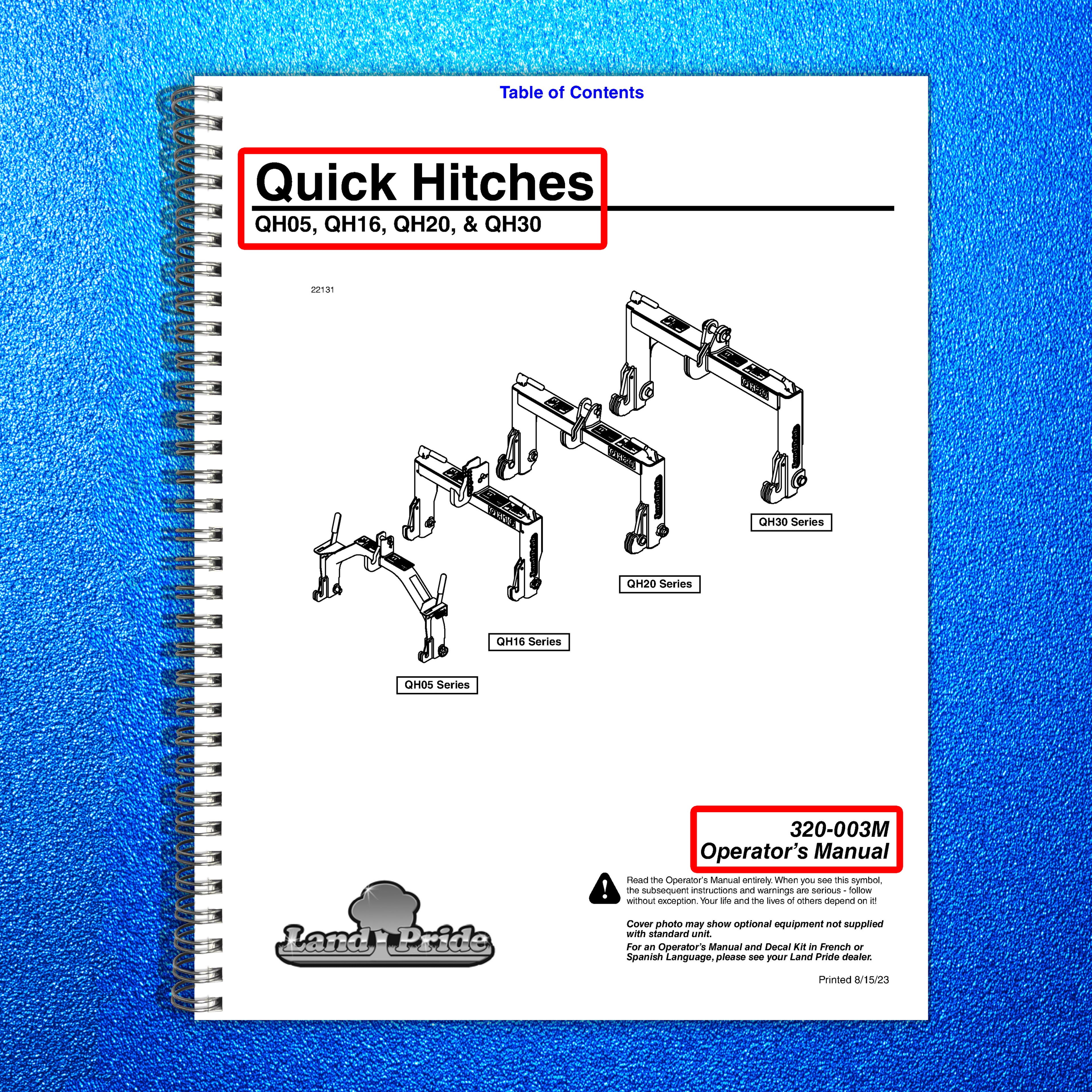 LAND PRIDE QH05 QH16 QH20 QH30 Quick Hitch Operators Manual 2023 - WIRE BOUND