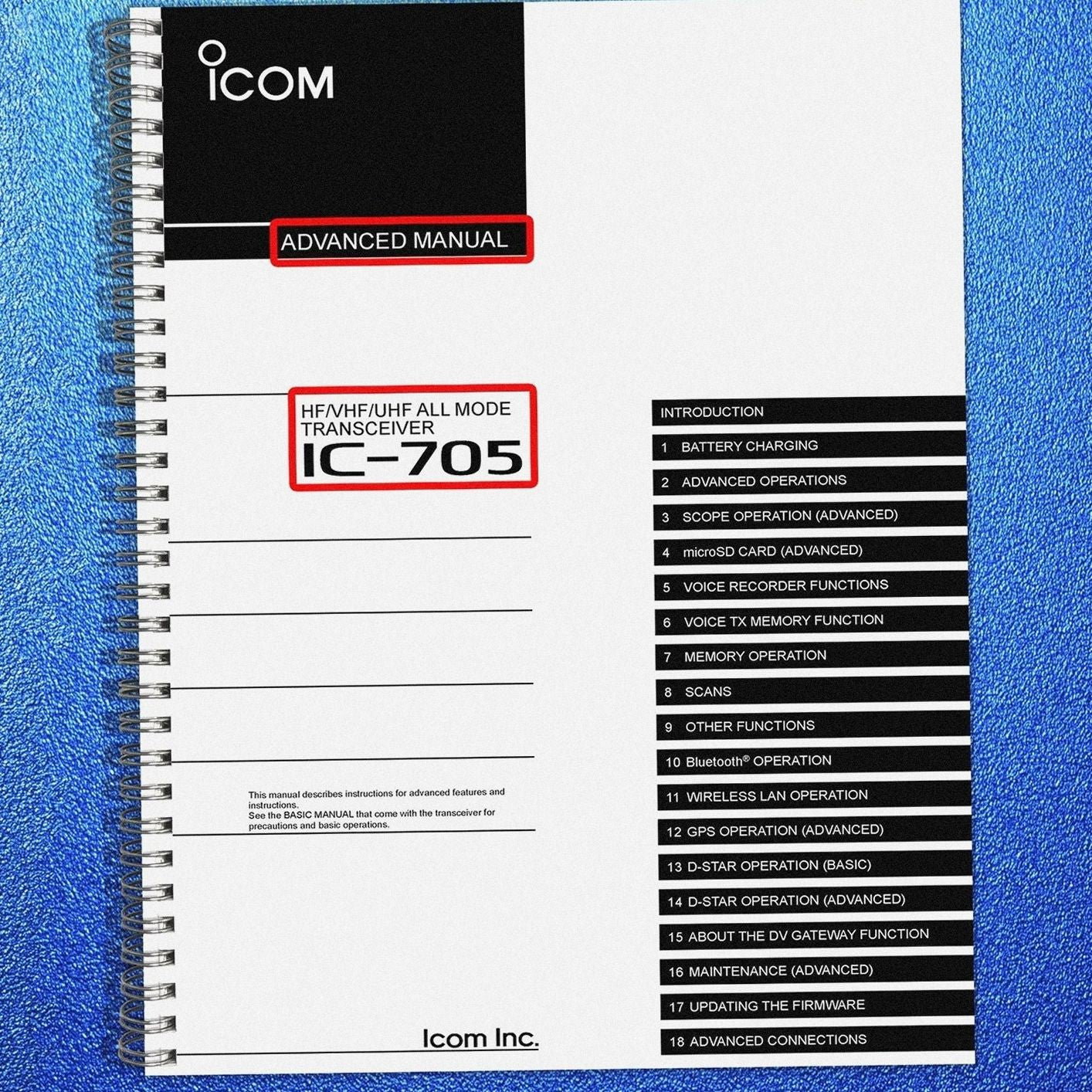 ICOM IC-705 TRANSCEIVER ADVANCED MANUAL - STEEL WIRE BOUND - PROTECTIVE COVERS