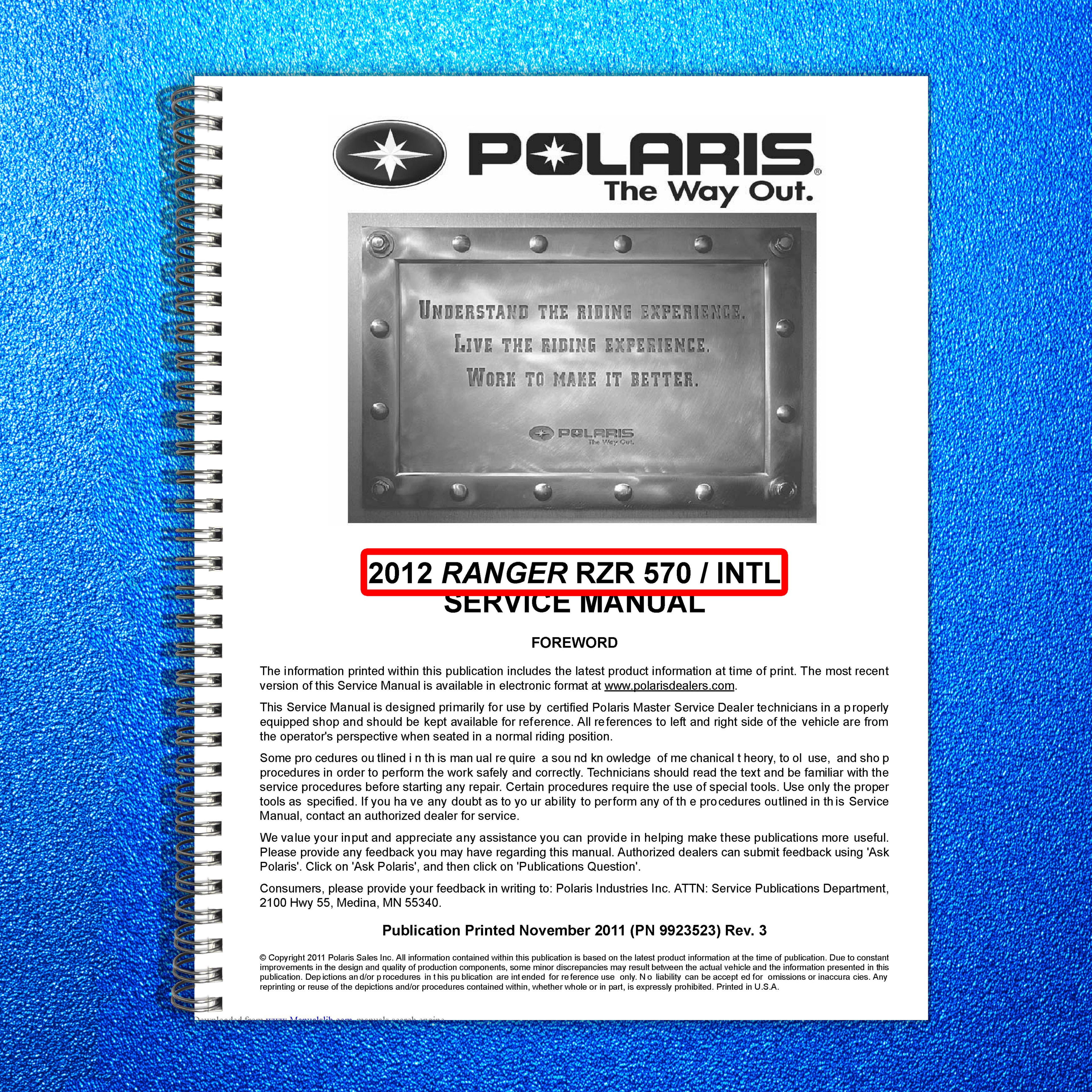 POLARIS Ranger RZR 570 Service Manual 2012 - STEEL WIRE BOUND - TOUGH COVERS