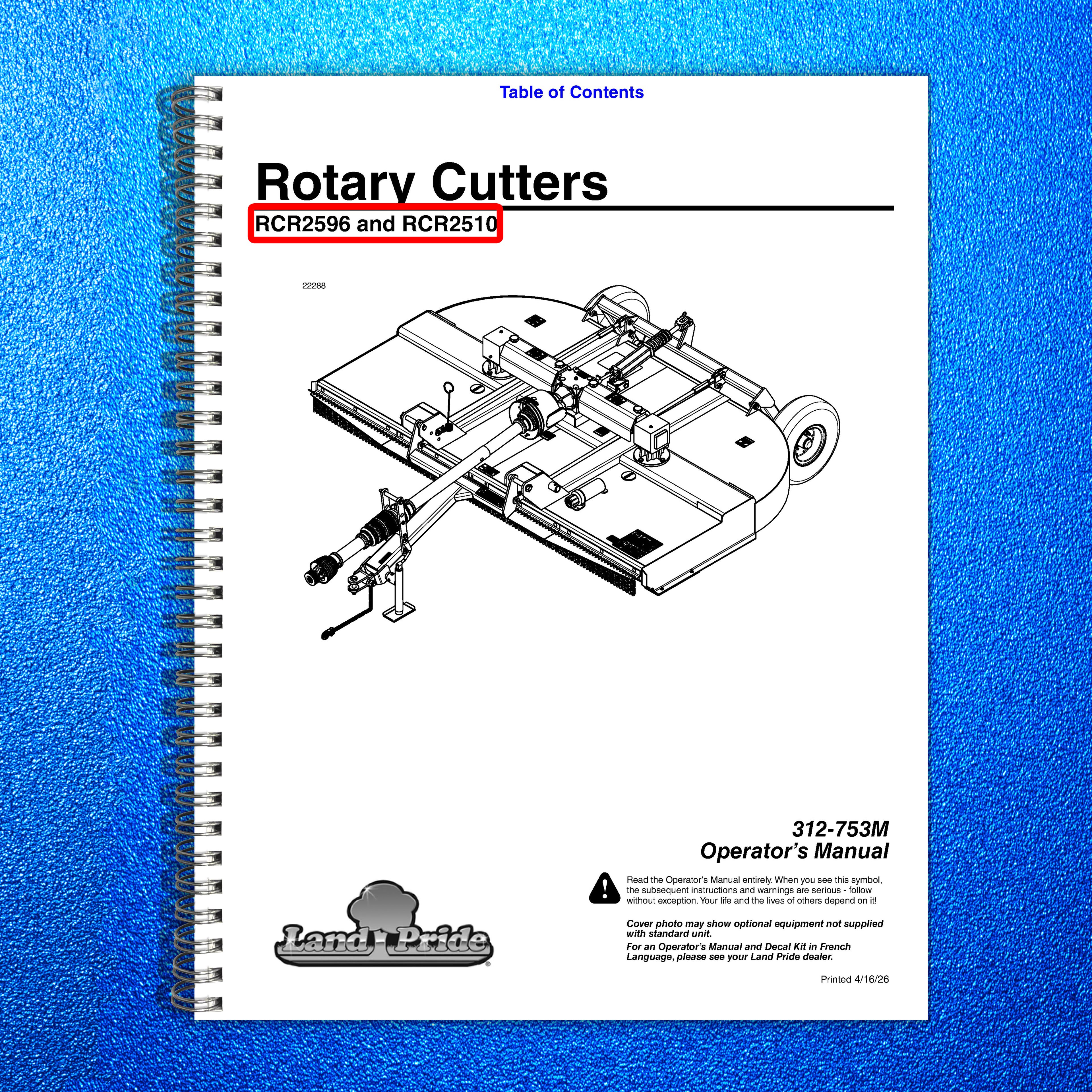 LAND PRIDE RCR2596 RCR2510 Rotary Cutters Operators Manual 2026 - WIRE BOUND