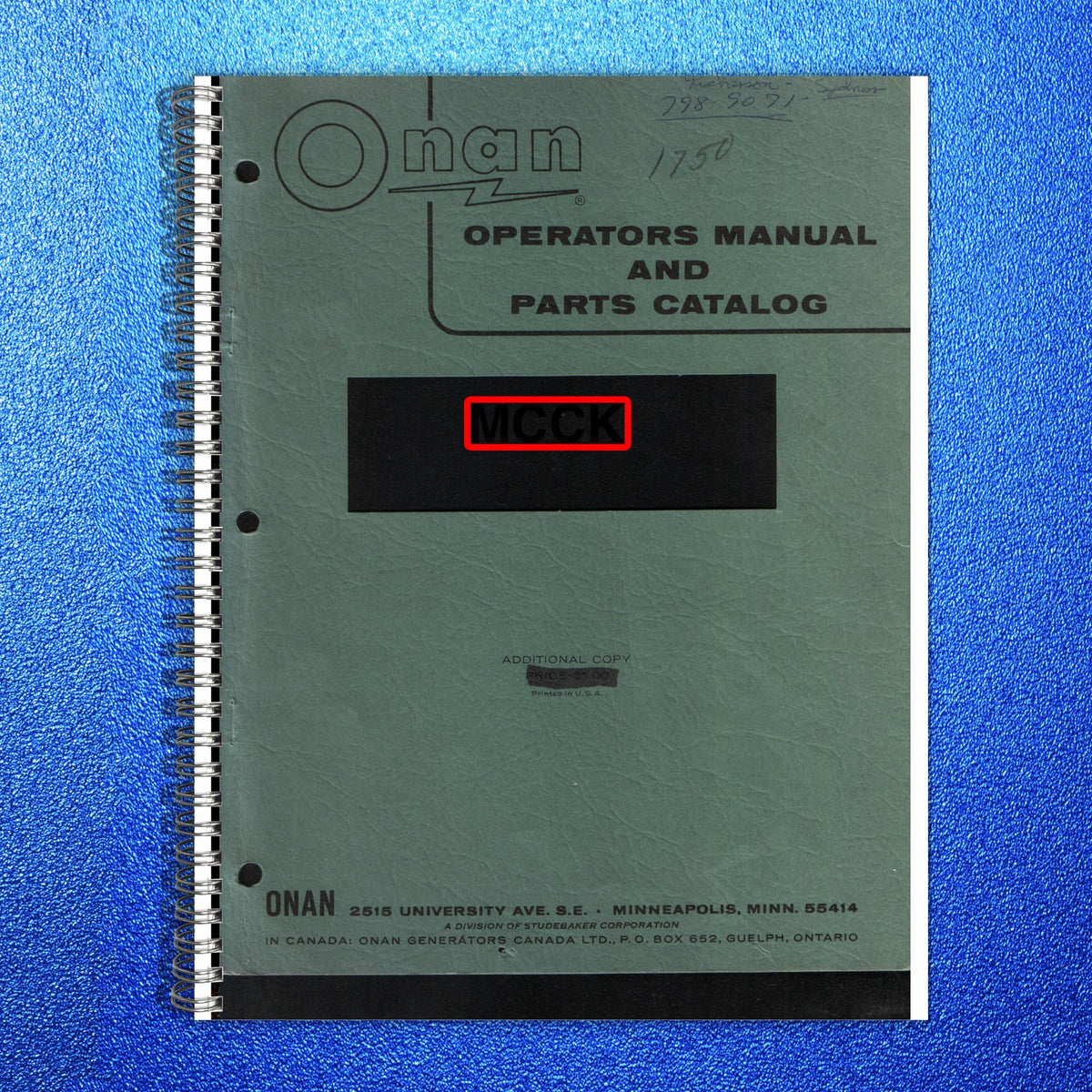 ONAN MCCK Series Genset Operators Manual And Parts Catalog - WIRE BOUND - COVERS