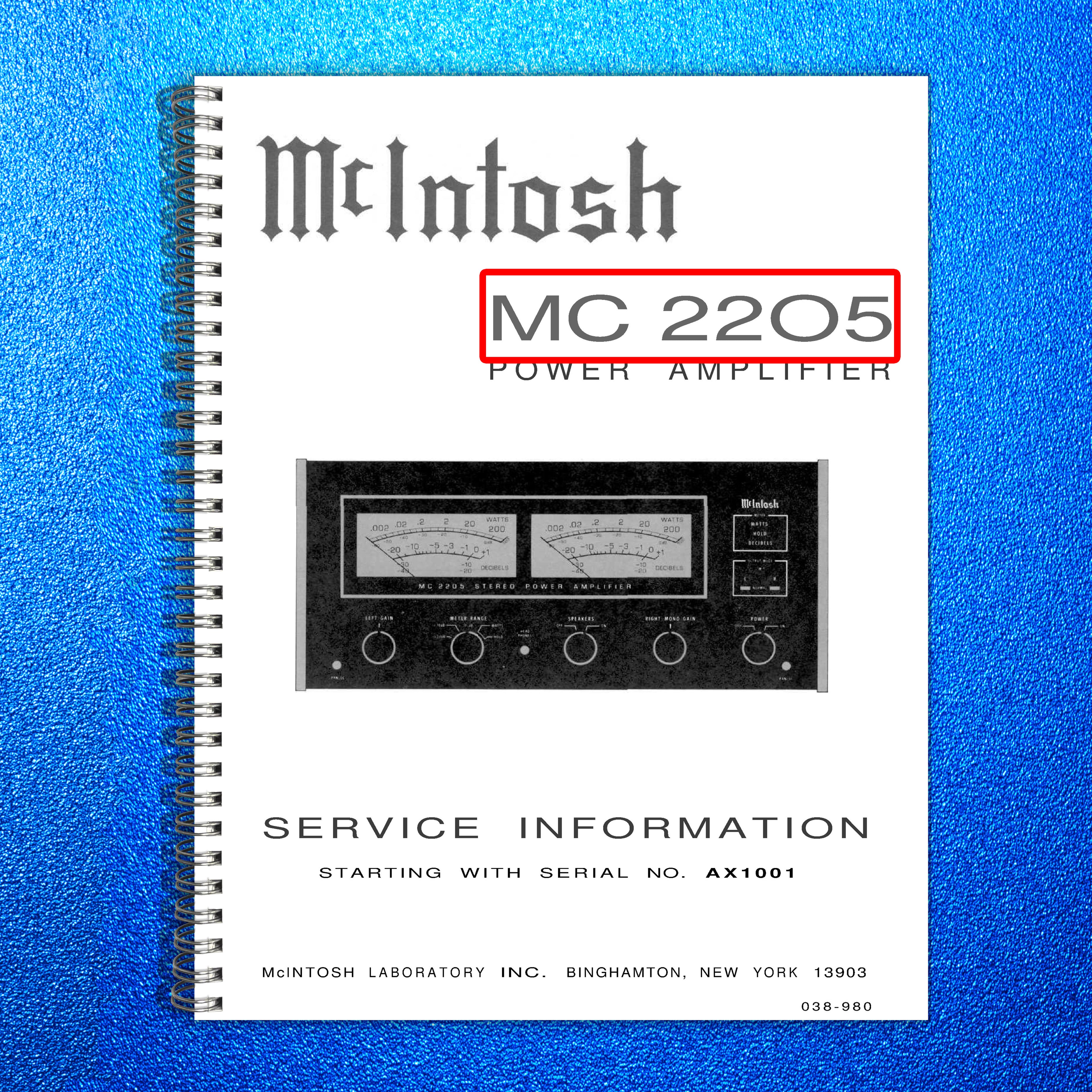 MCINTOSH MC2205 Power Amplifier Service Manual - BOUND - COVERS - XL FOLDOUTS