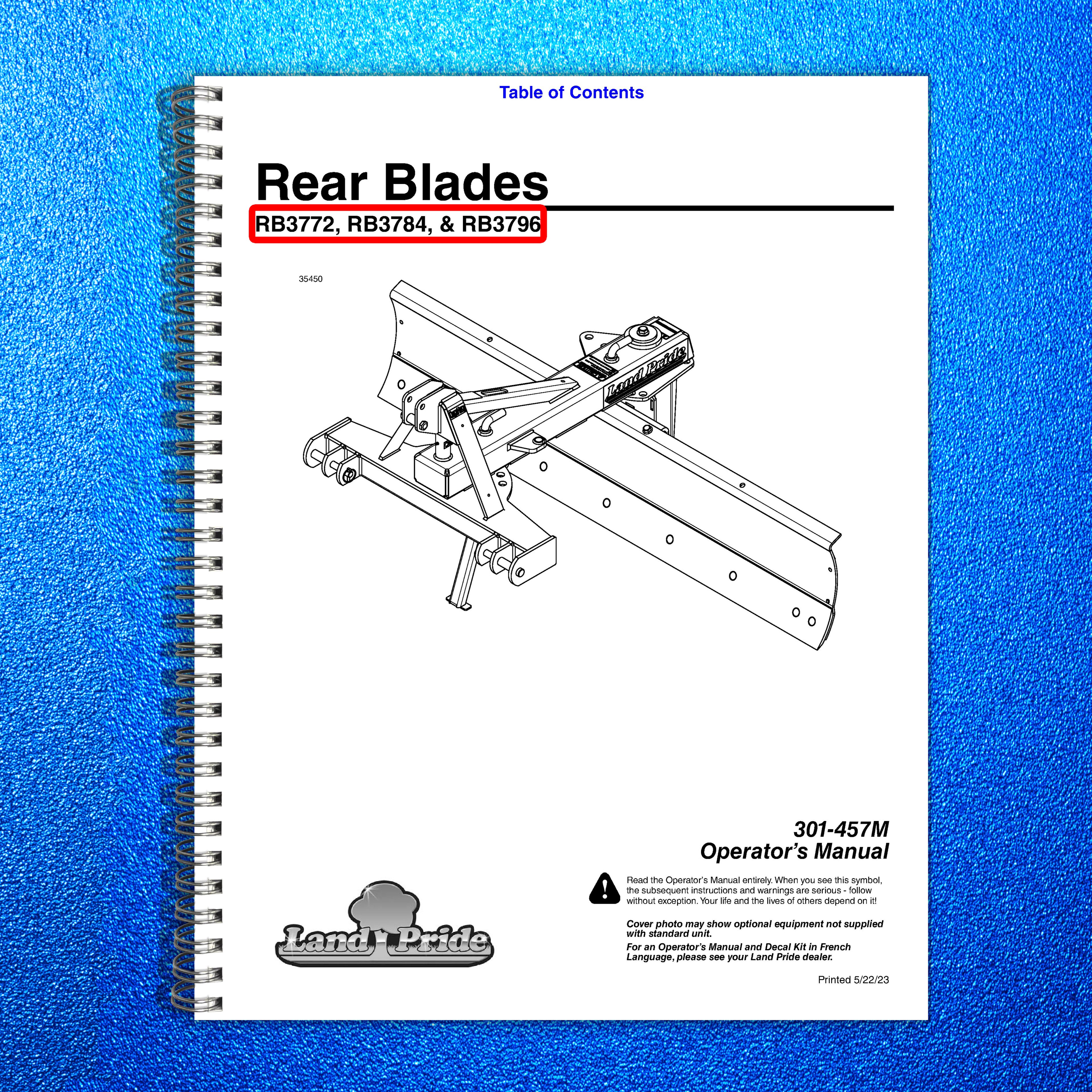 LAND PRIDE RB37 Series Rear Blades Operators Manual - WIRE BOUND - TOUGH COVERS