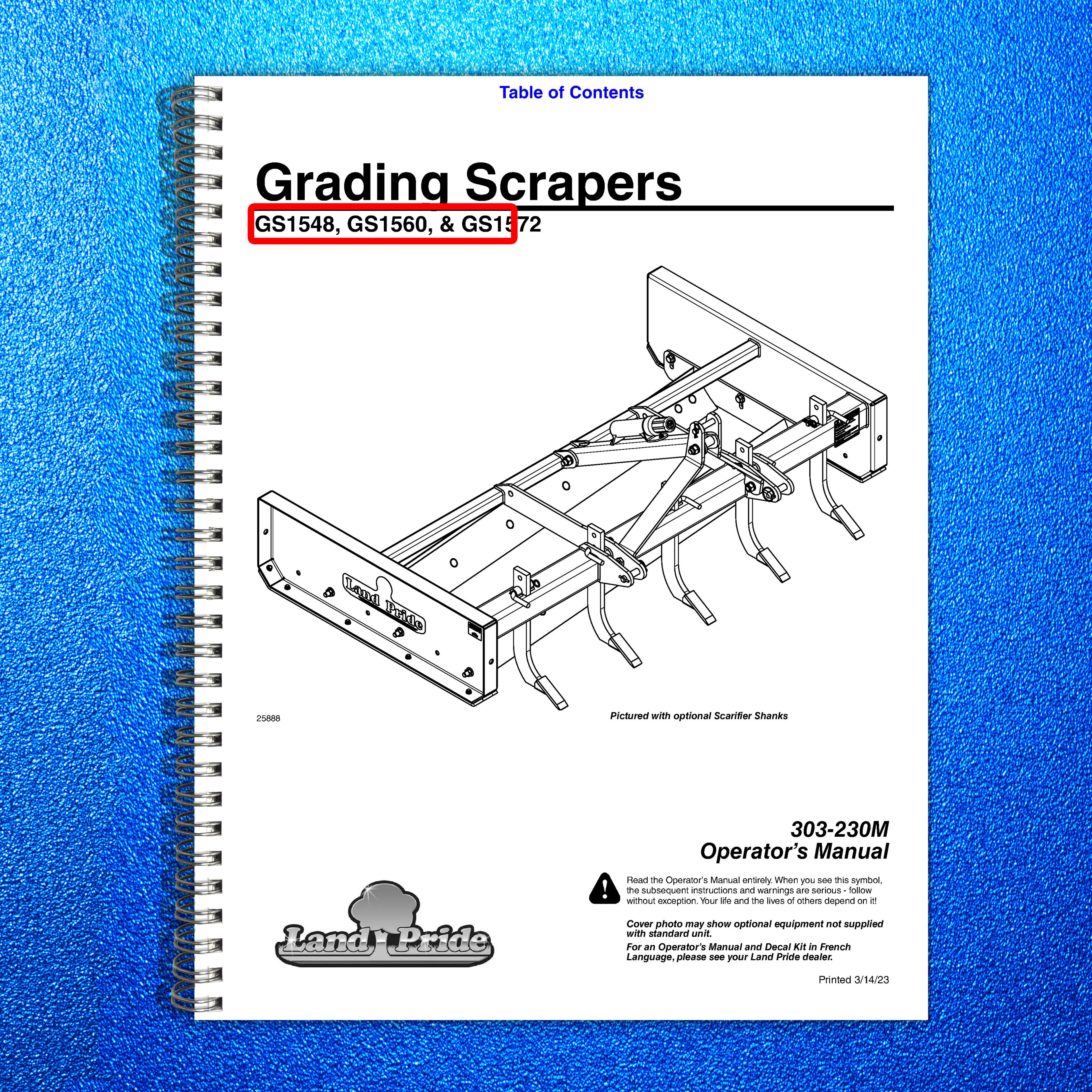 LAND PRIDE GS15 Series Grading Scrapers Operators Manual - WIRE BOUND - COVERS